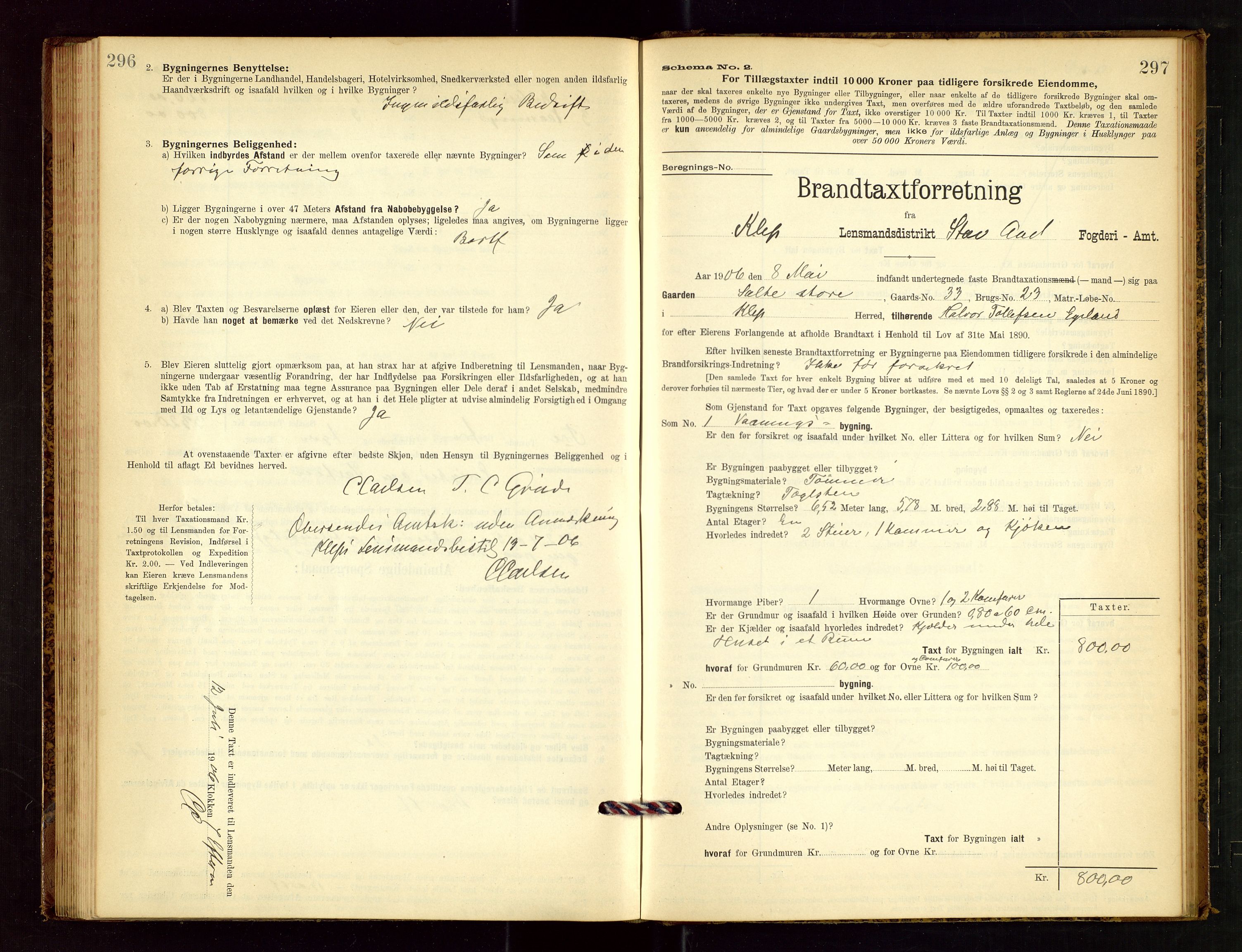 Klepp lensmannskontor, AV/SAST-A-100163/Goc/L0003: "Brandtaxationsprotokol" m/register, 1902-1907, p. 296-297