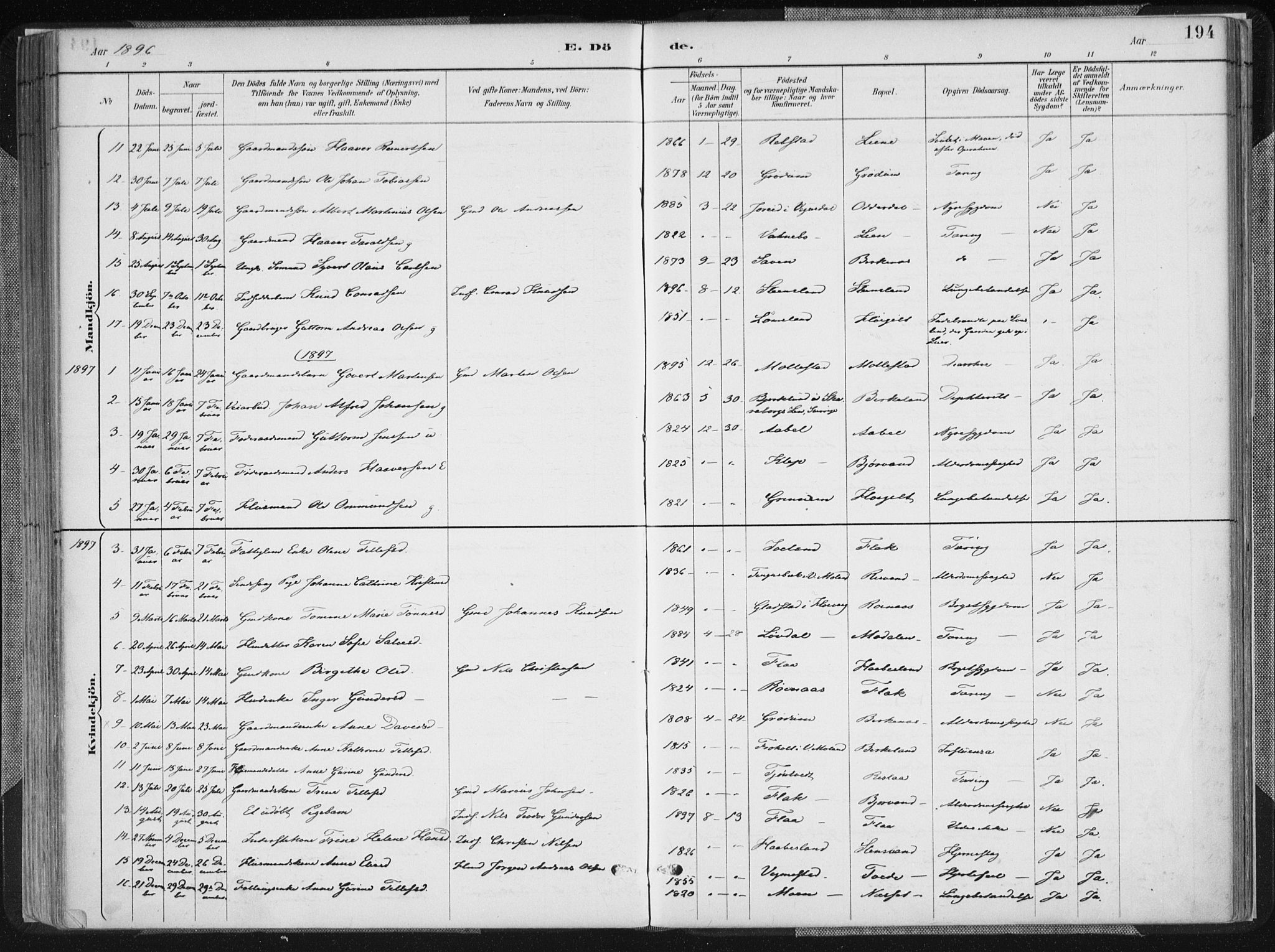 Birkenes sokneprestkontor, SAK/1111-0004/F/Fa/L0005: Parish register (official) no. A 5, 1887-1907, p. 194