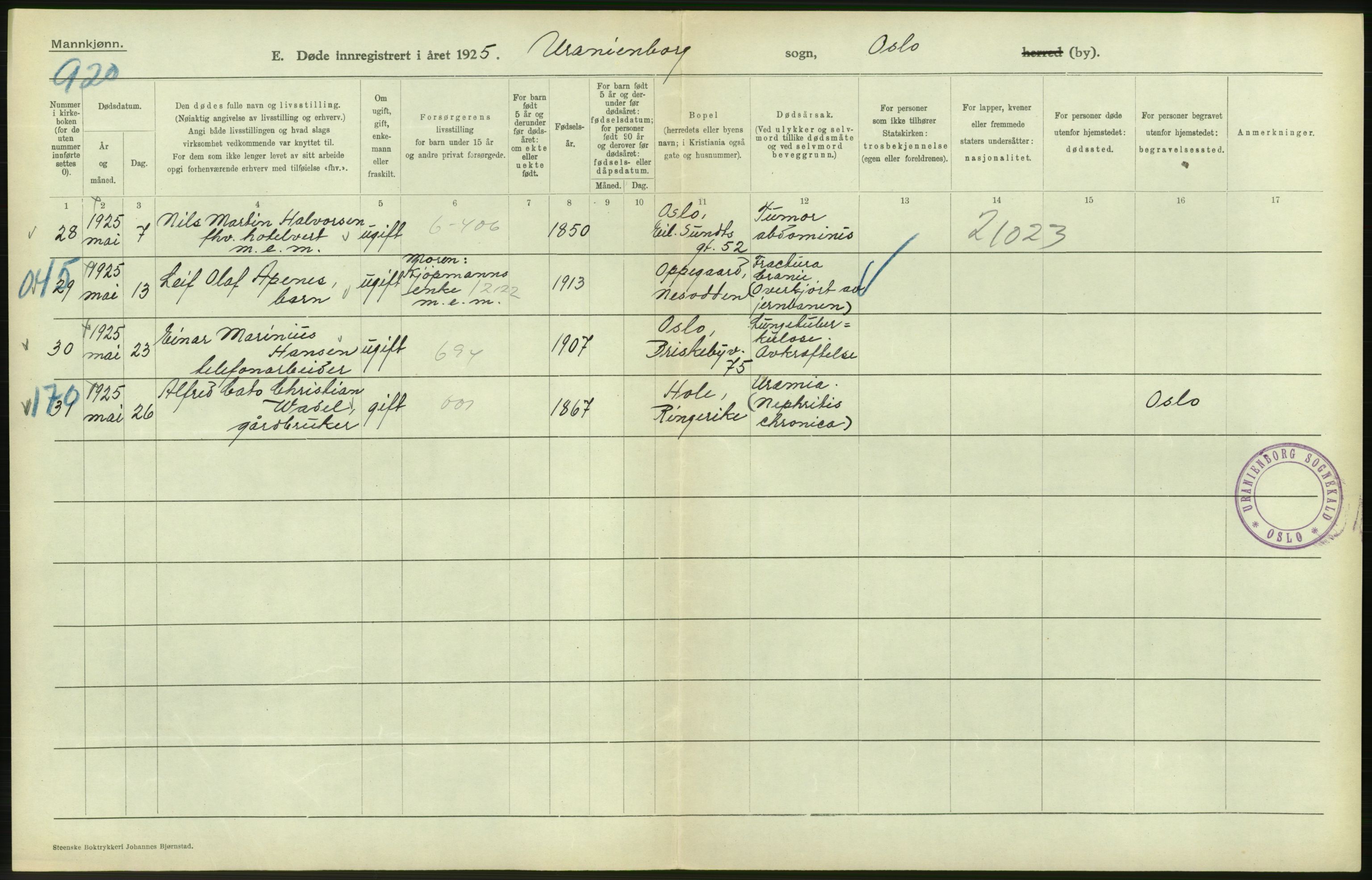 Statistisk sentralbyrå, Sosiodemografiske emner, Befolkning, AV/RA-S-2228/D/Df/Dfc/Dfce/L0009: Oslo: Døde menn, 1925, p. 212