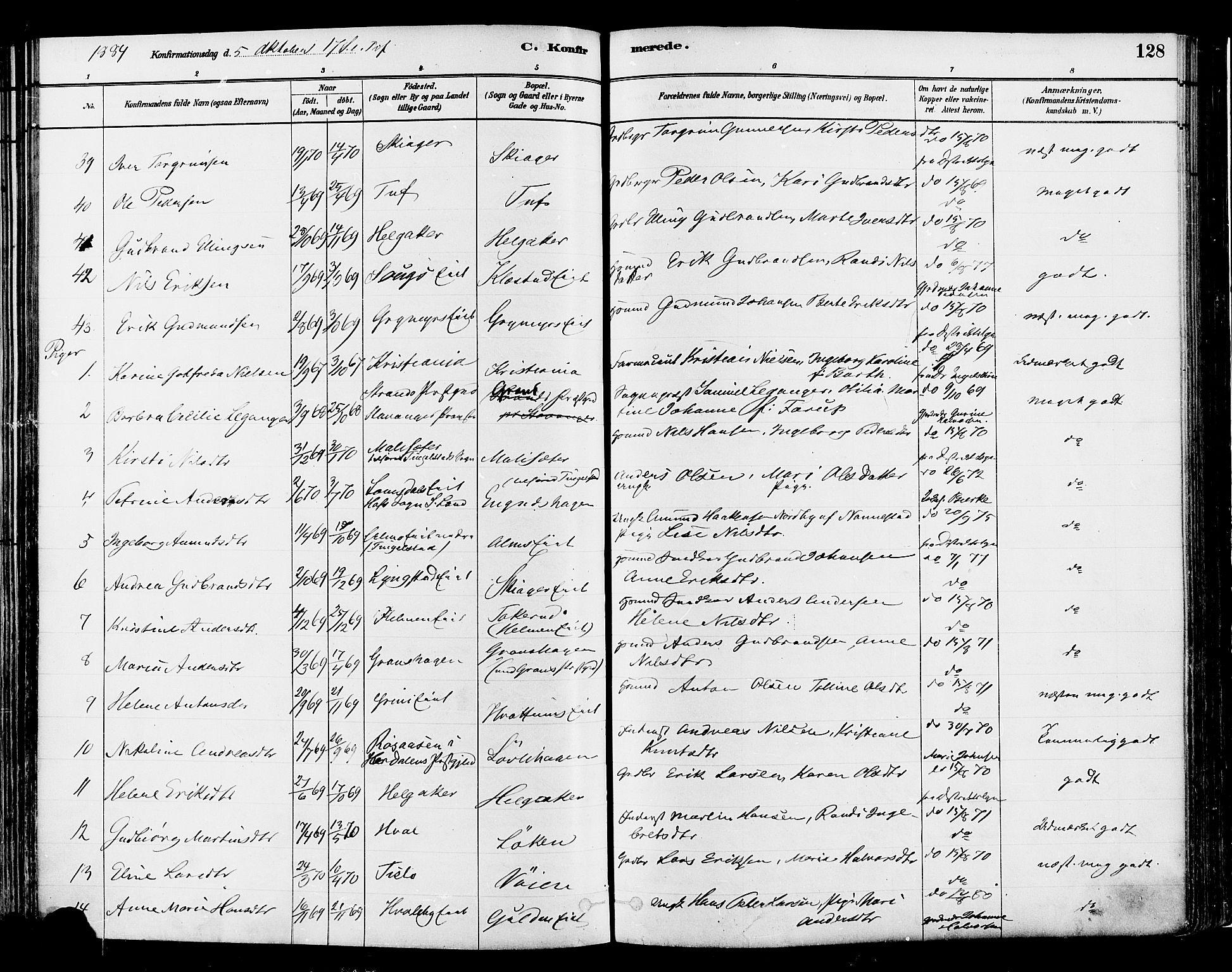 Gran prestekontor, SAH/PREST-112/H/Ha/Haa/L0014: Parish register (official) no. 14, 1880-1889, p. 128