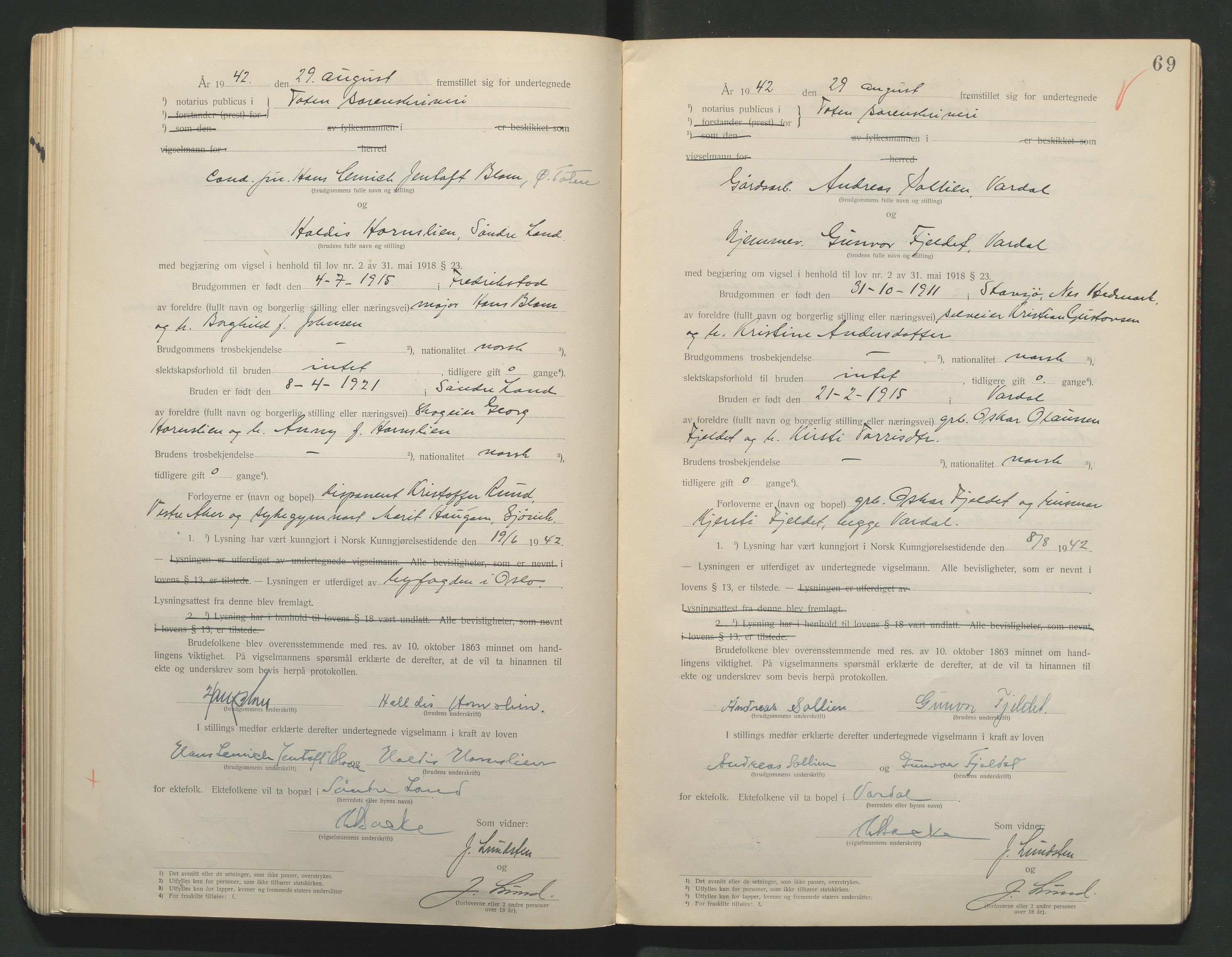 Toten tingrett, AV/SAH-TING-006/L/Lc/L0001: Vigselbok, 1920-1942, p. 69