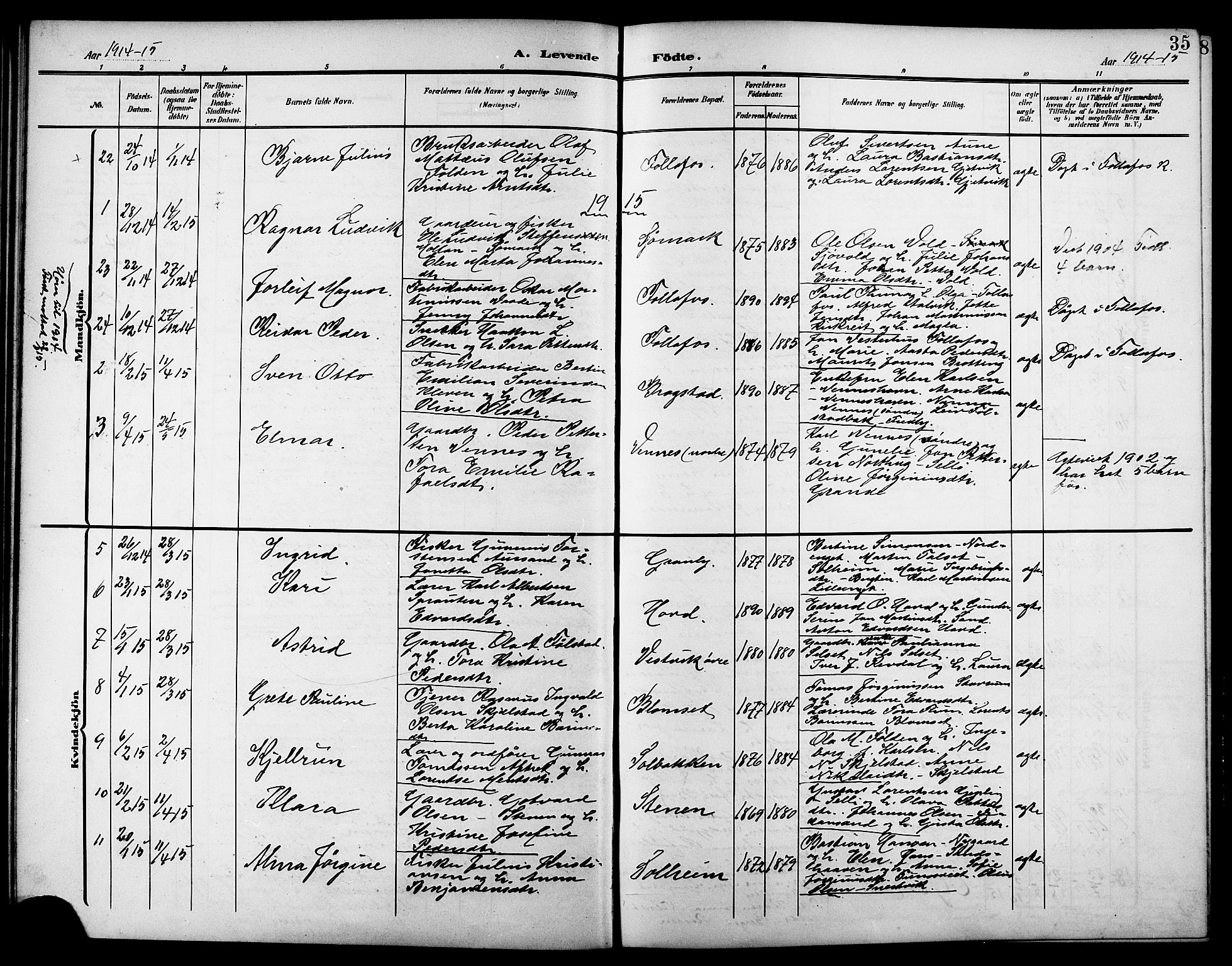 Ministerialprotokoller, klokkerbøker og fødselsregistre - Nord-Trøndelag, AV/SAT-A-1458/744/L0424: Parish register (copy) no. 744C03, 1906-1923, p. 35