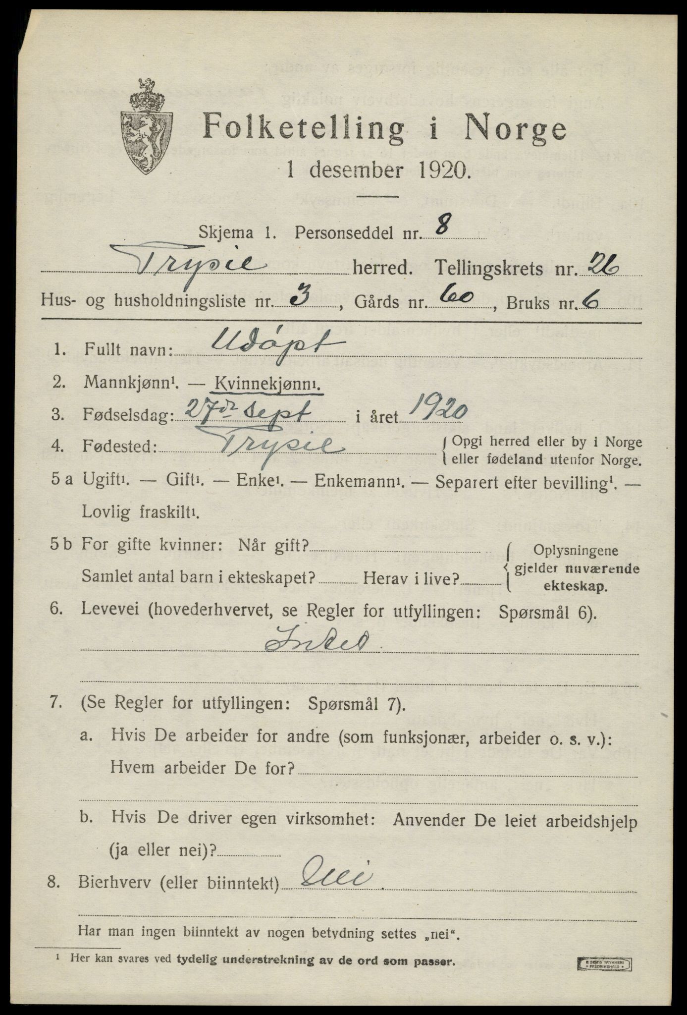 SAH, 1920 census for Trysil, 1920, p. 16157