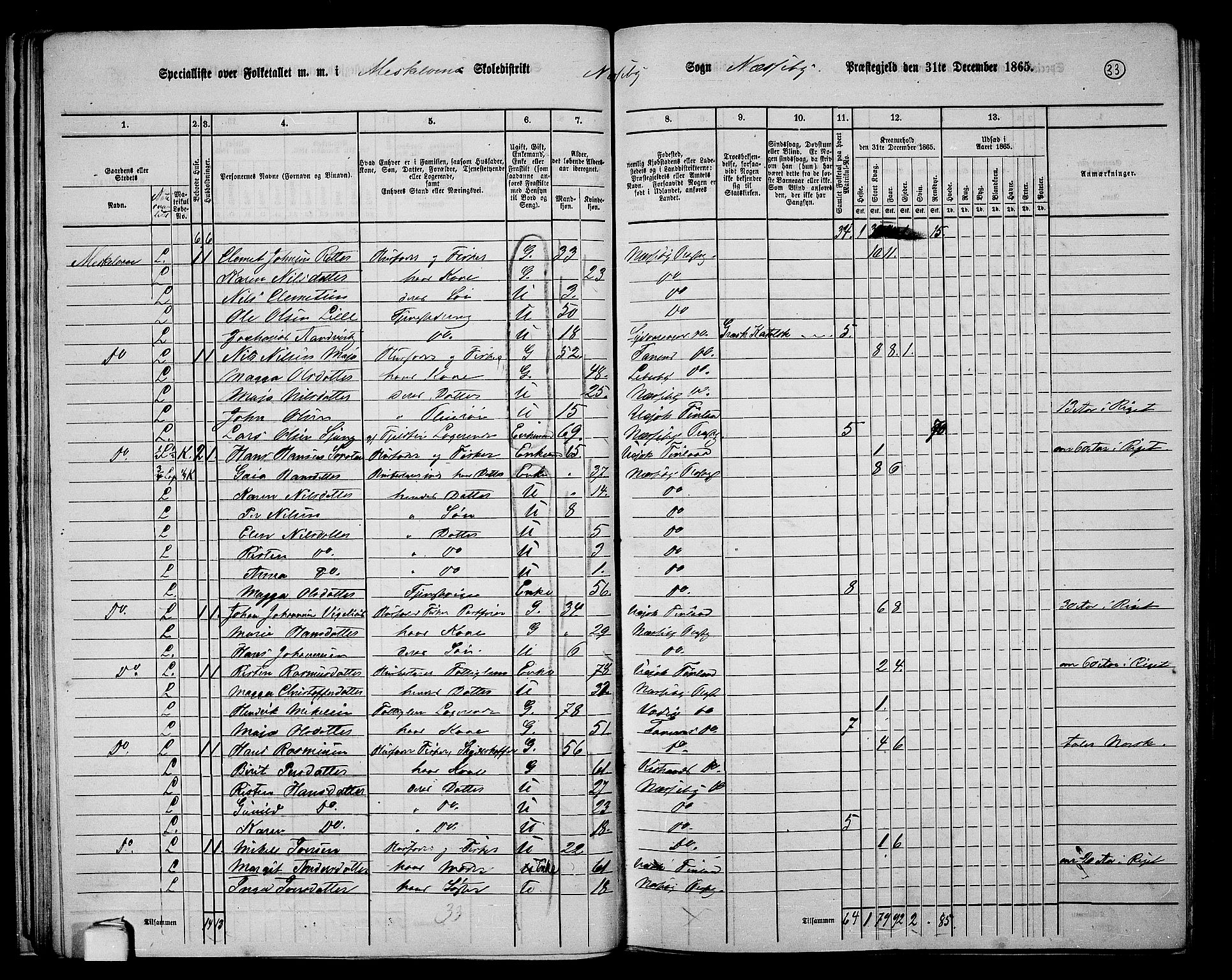 RA, 1865 census for Nesseby, 1865, p. 28