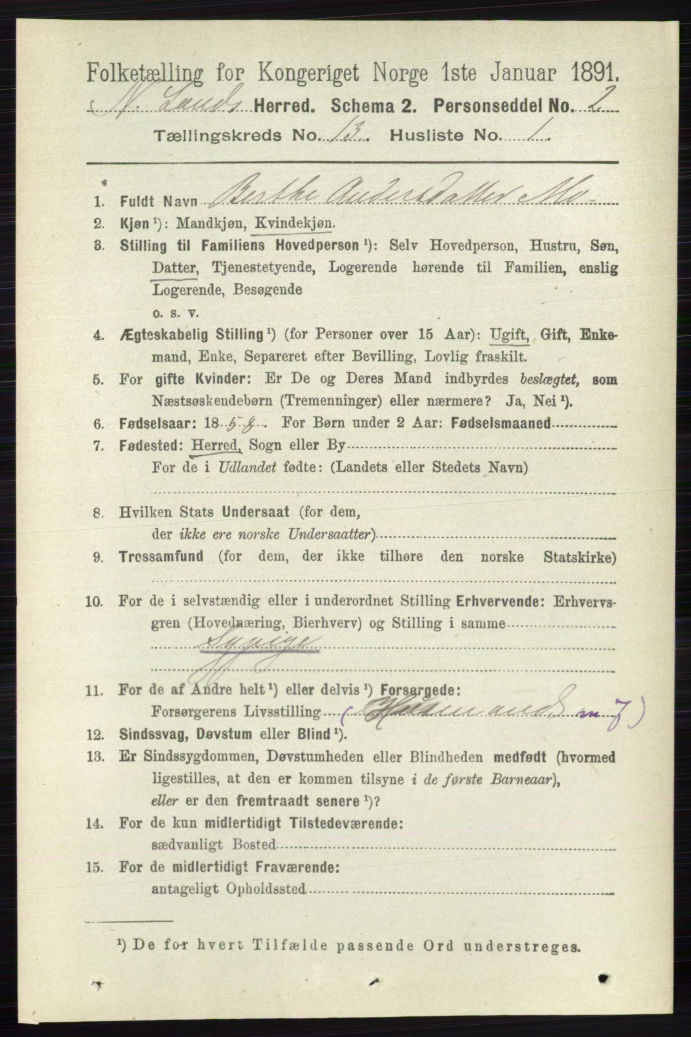 RA, 1891 census for 0538 Nordre Land, 1891, p. 3498