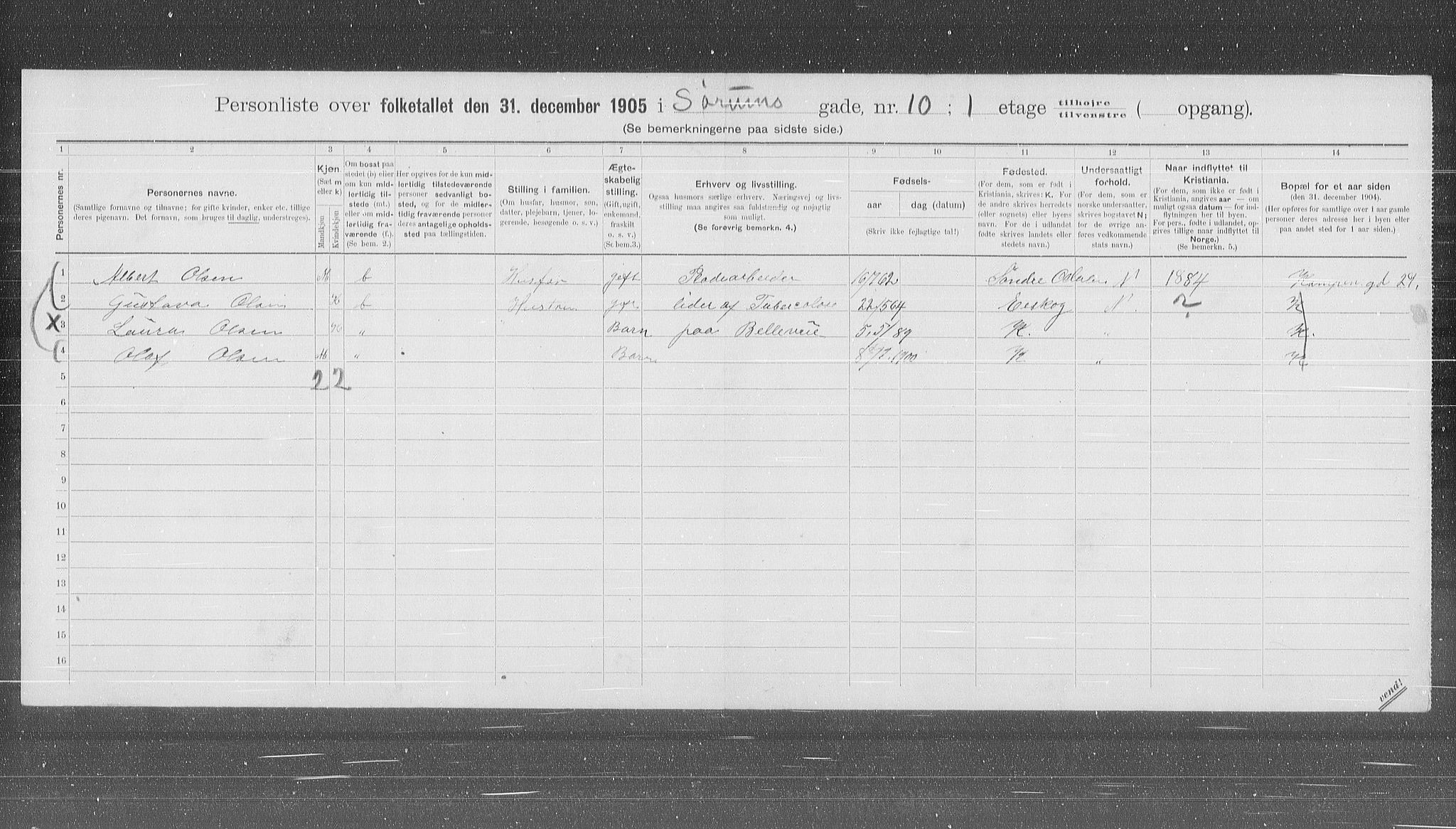 OBA, Municipal Census 1905 for Kristiania, 1905, p. 56026