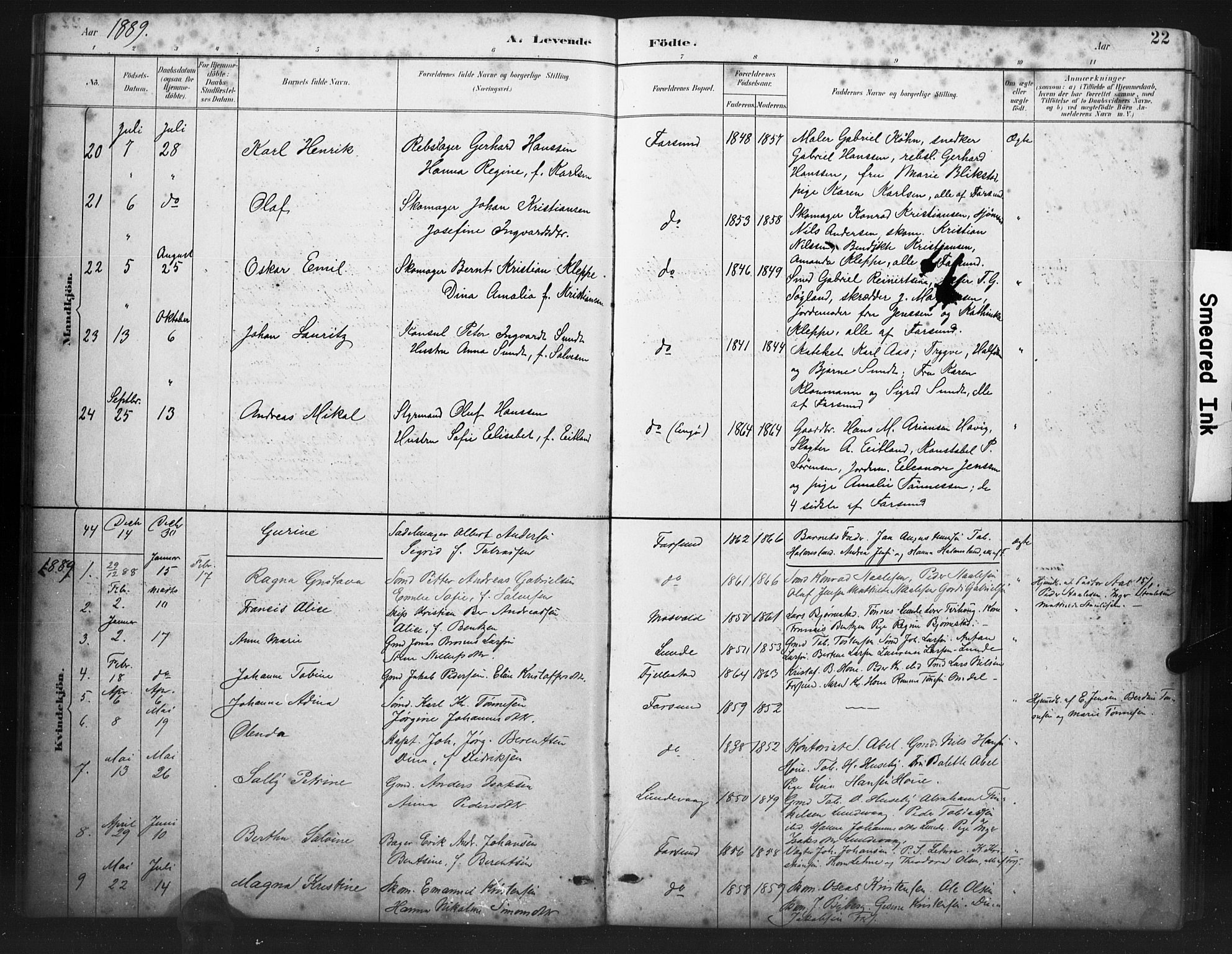 Farsund sokneprestkontor, SAK/1111-0009/F/Fb/L0001: Parish register (copy) no. B 1, 1886-1931, p. 22