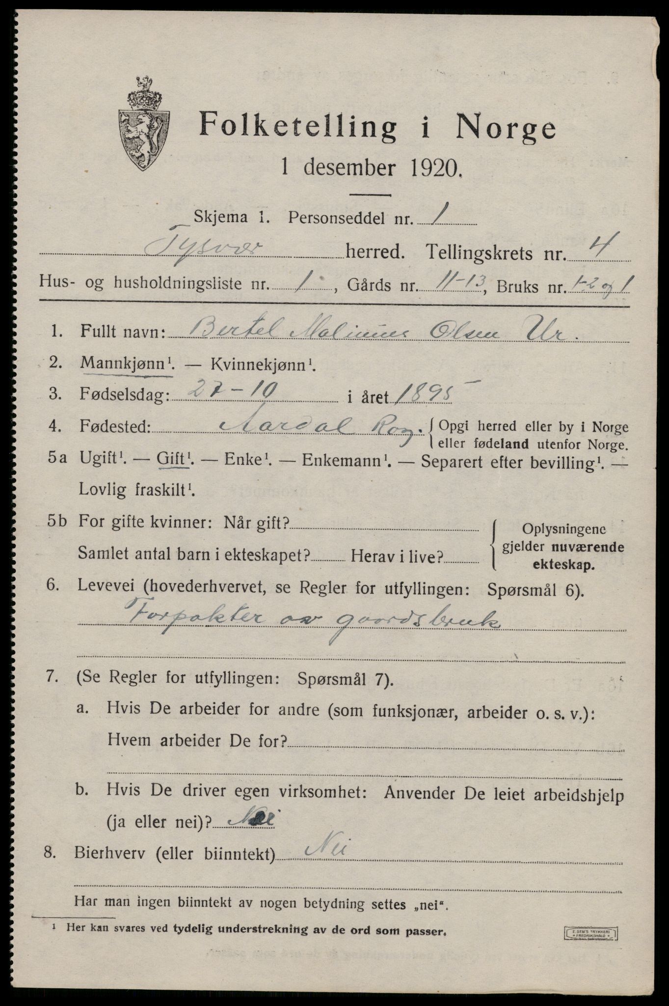 SAST, 1920 census for Tysvær, 1920, p. 1686