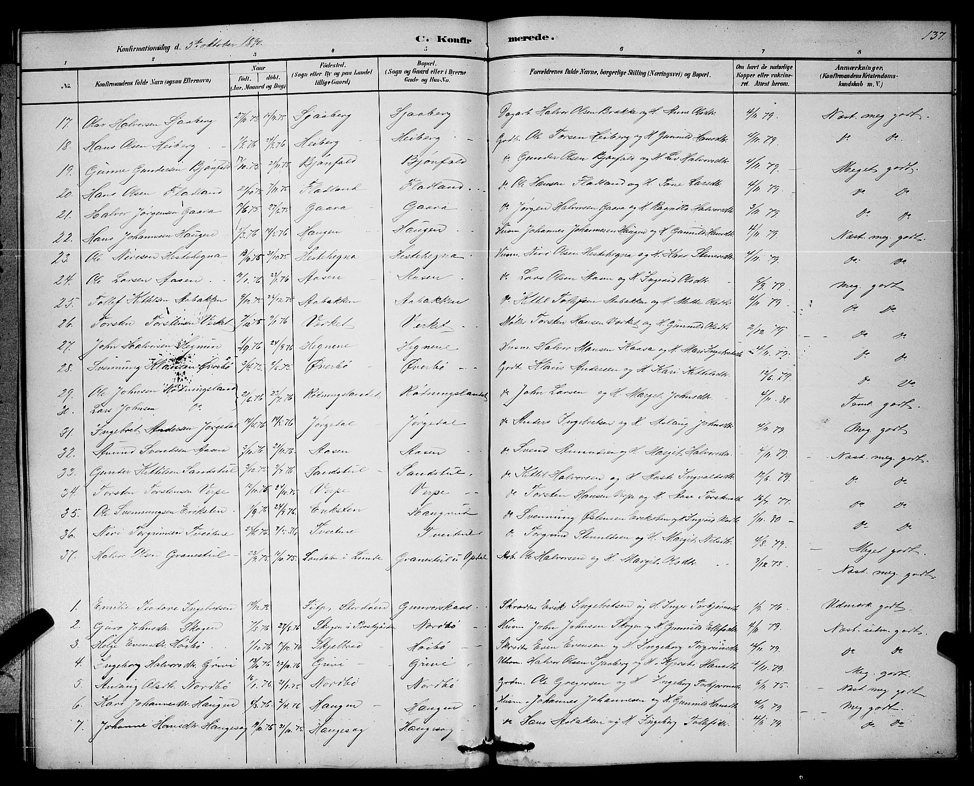 Bø kirkebøker, SAKO/A-257/G/Ga/L0005: Parish register (copy) no. 5, 1883-1897, p. 137