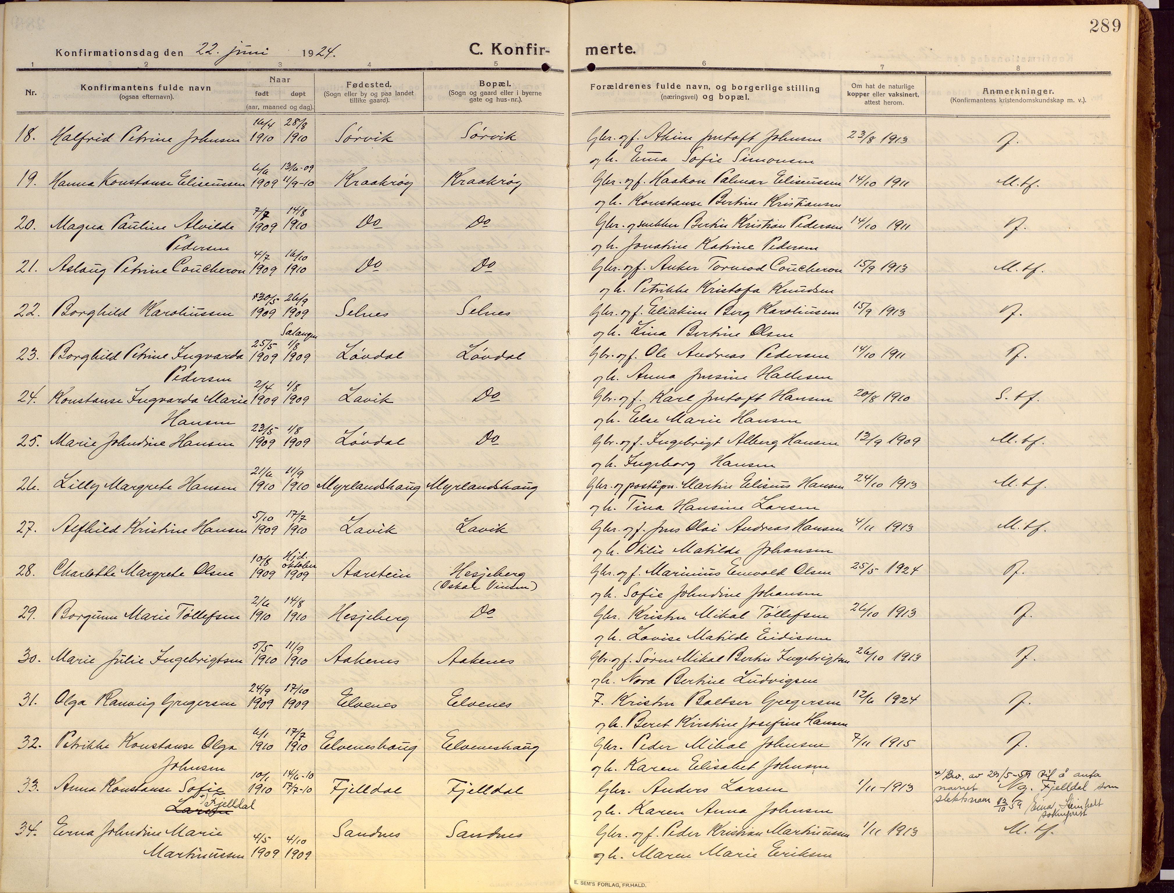 Ibestad sokneprestembete, SATØ/S-0077/H/Ha/Haa/L0018kirke: Parish register (official) no. 18, 1915-1929, p. 289