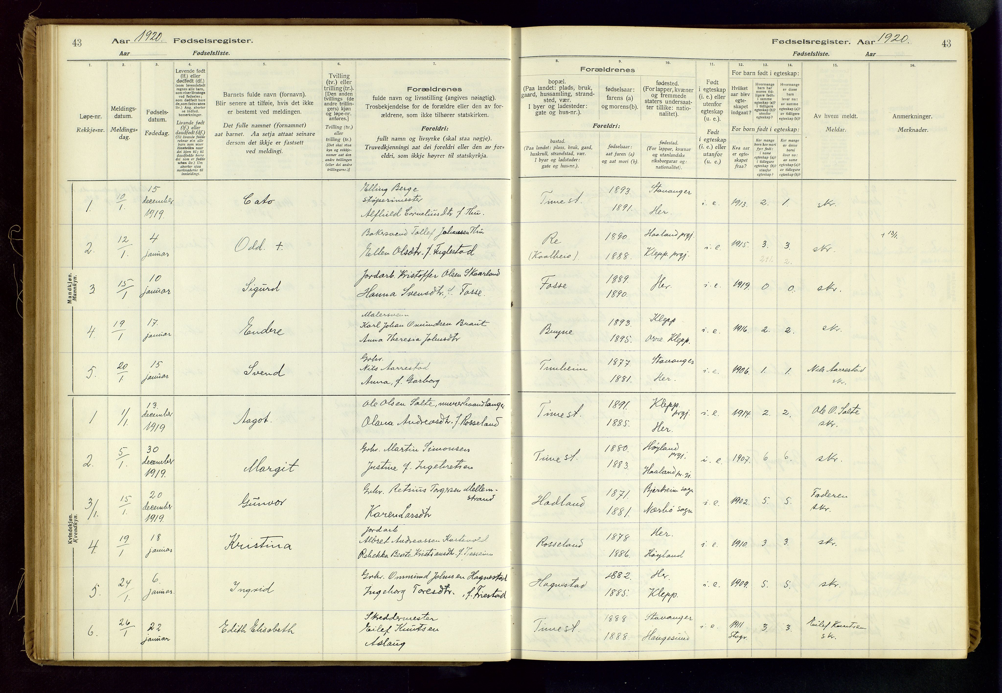 Time sokneprestkontor, SAST/A-101795/001/704BA/L0001: Birth register no. 1, 1916-1934, p. 43
