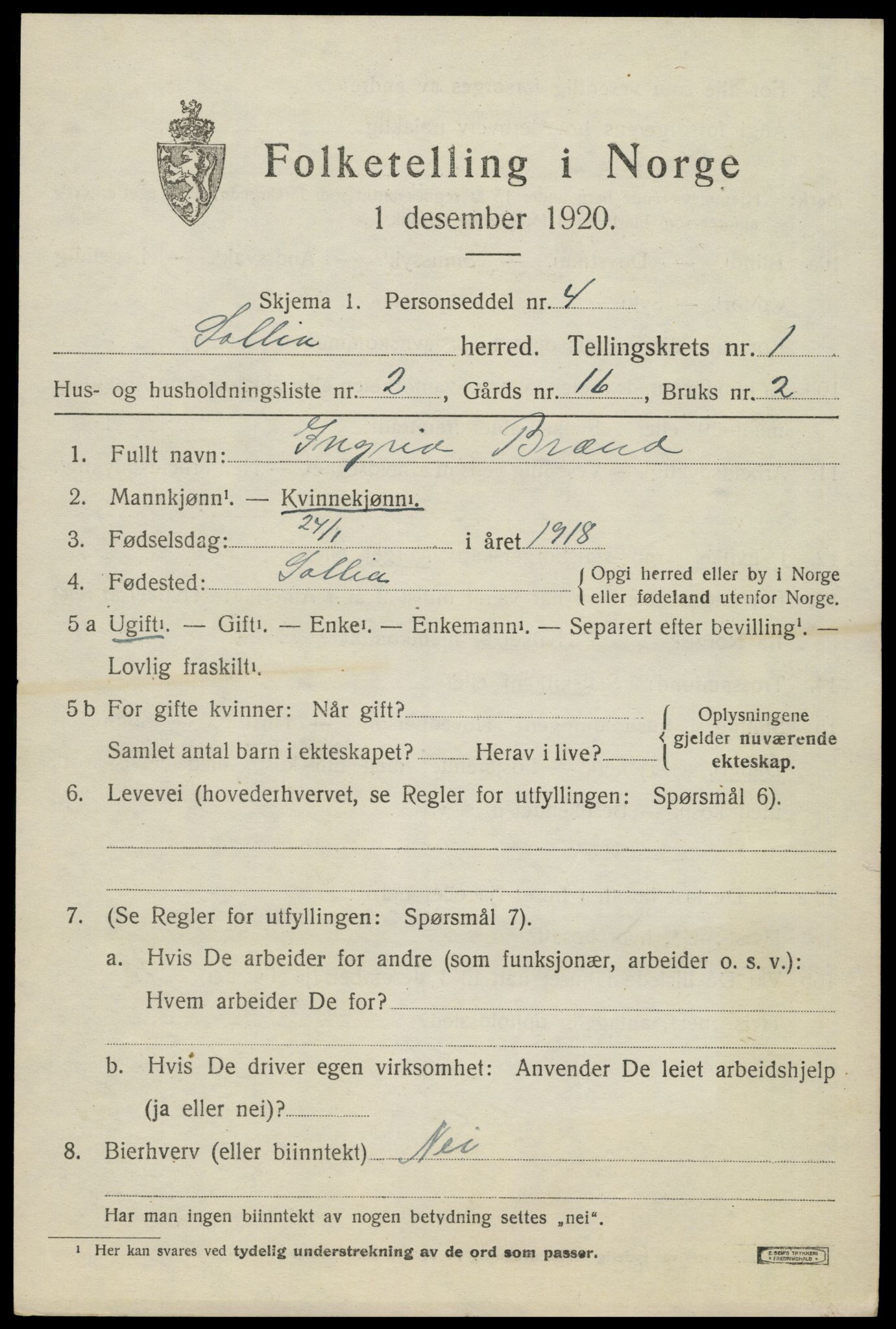 SAH, 1920 census for Sollia, 1920, p. 209