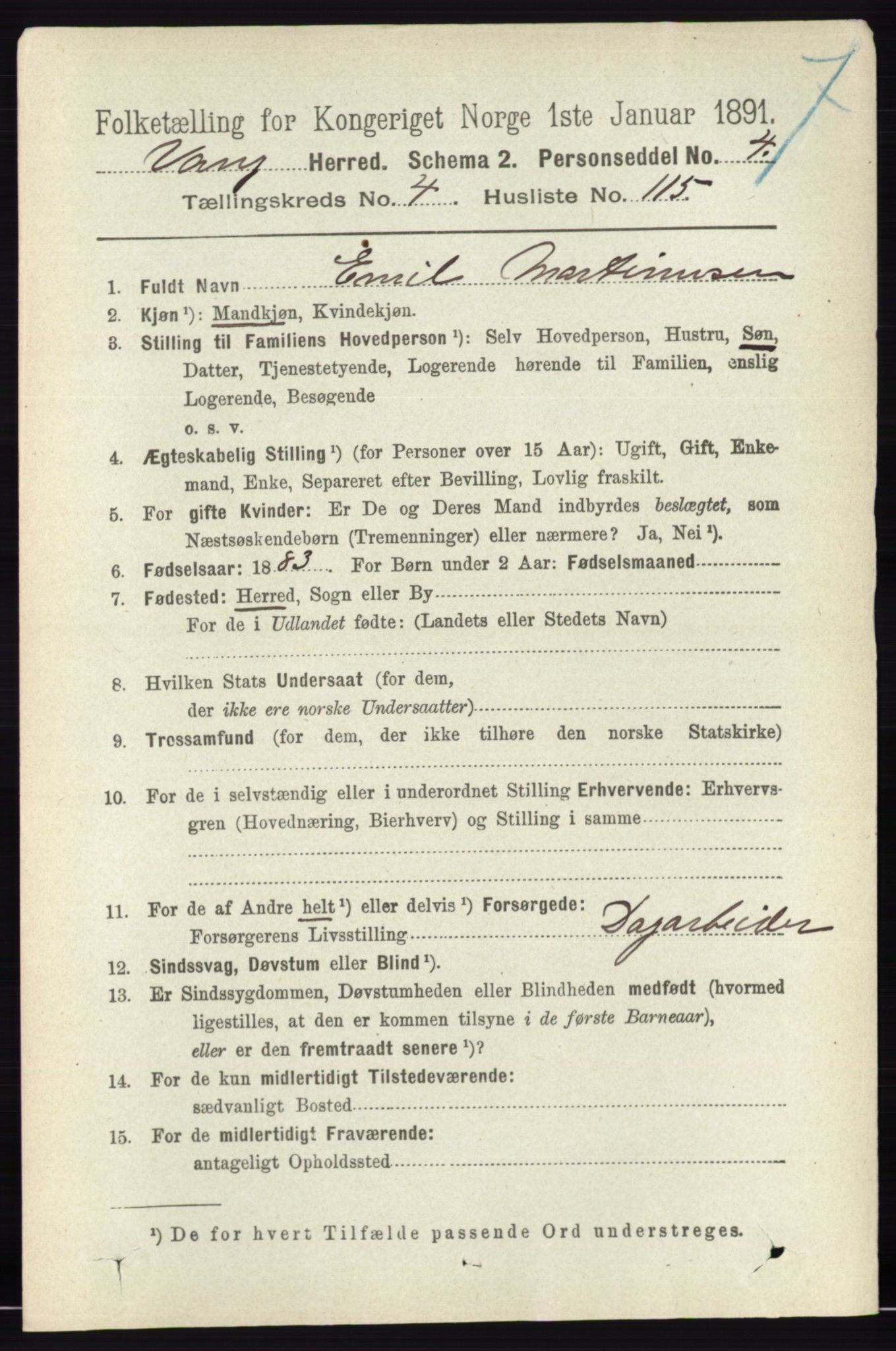 RA, 1891 census for 0414 Vang, 1891, p. 3378