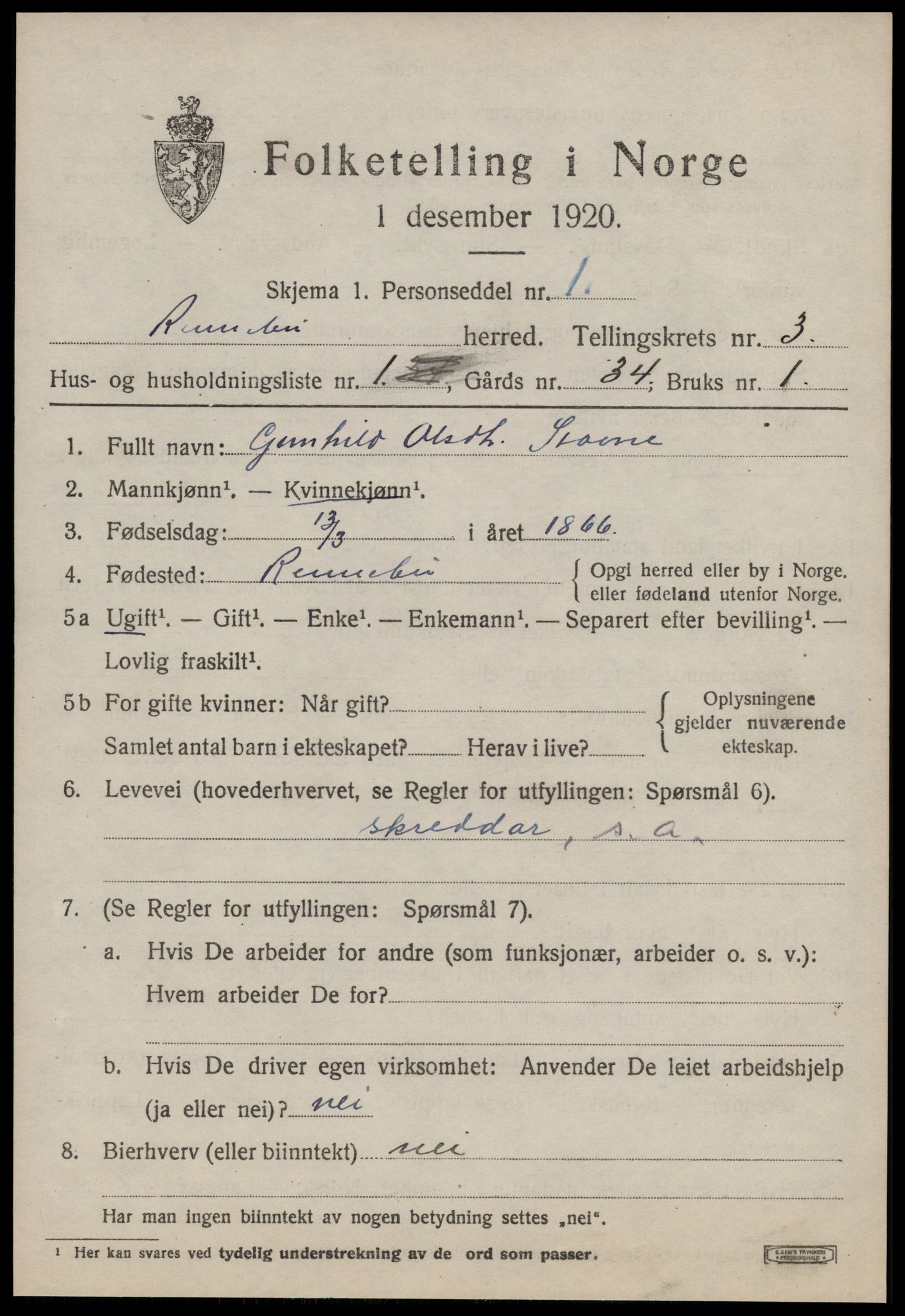 SAT, 1920 census for Rennebu, 1920, p. 1918