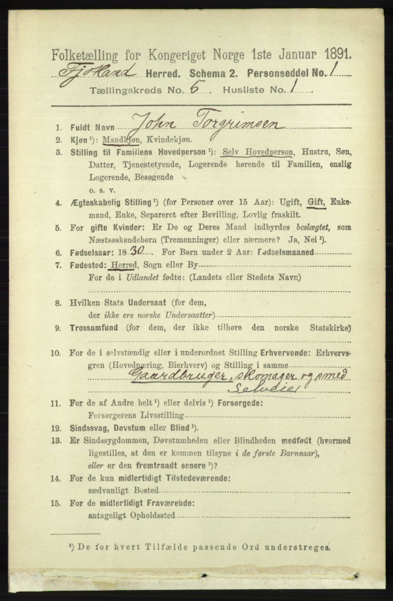 RA, 1891 census for 1036 Fjotland, 1891, p. 719