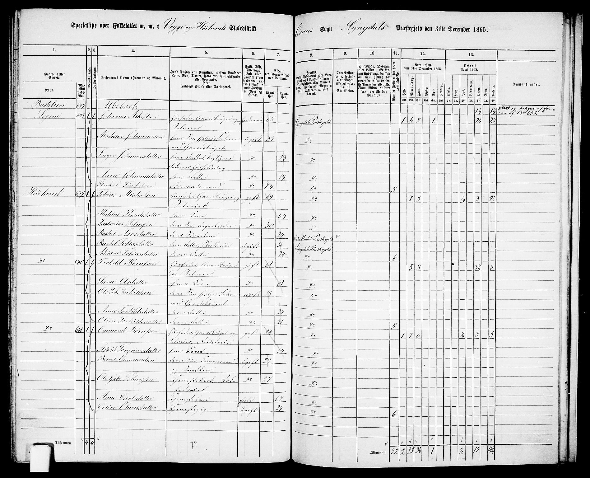 RA, 1865 census for Lyngdal, 1865, p. 229