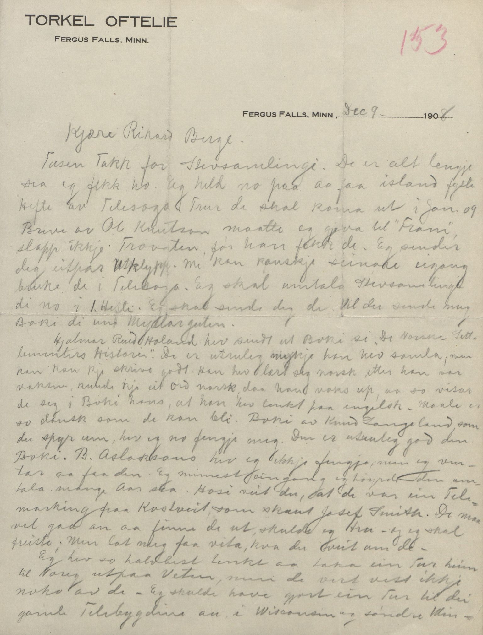 Rikard Berge, TEMU/TGM-A-1003/F/L0004/0053: 101-159 / 157 Manuskript, notatar, brev o.a. Nokre leiker, manuskript, 1906-1908, p. 153