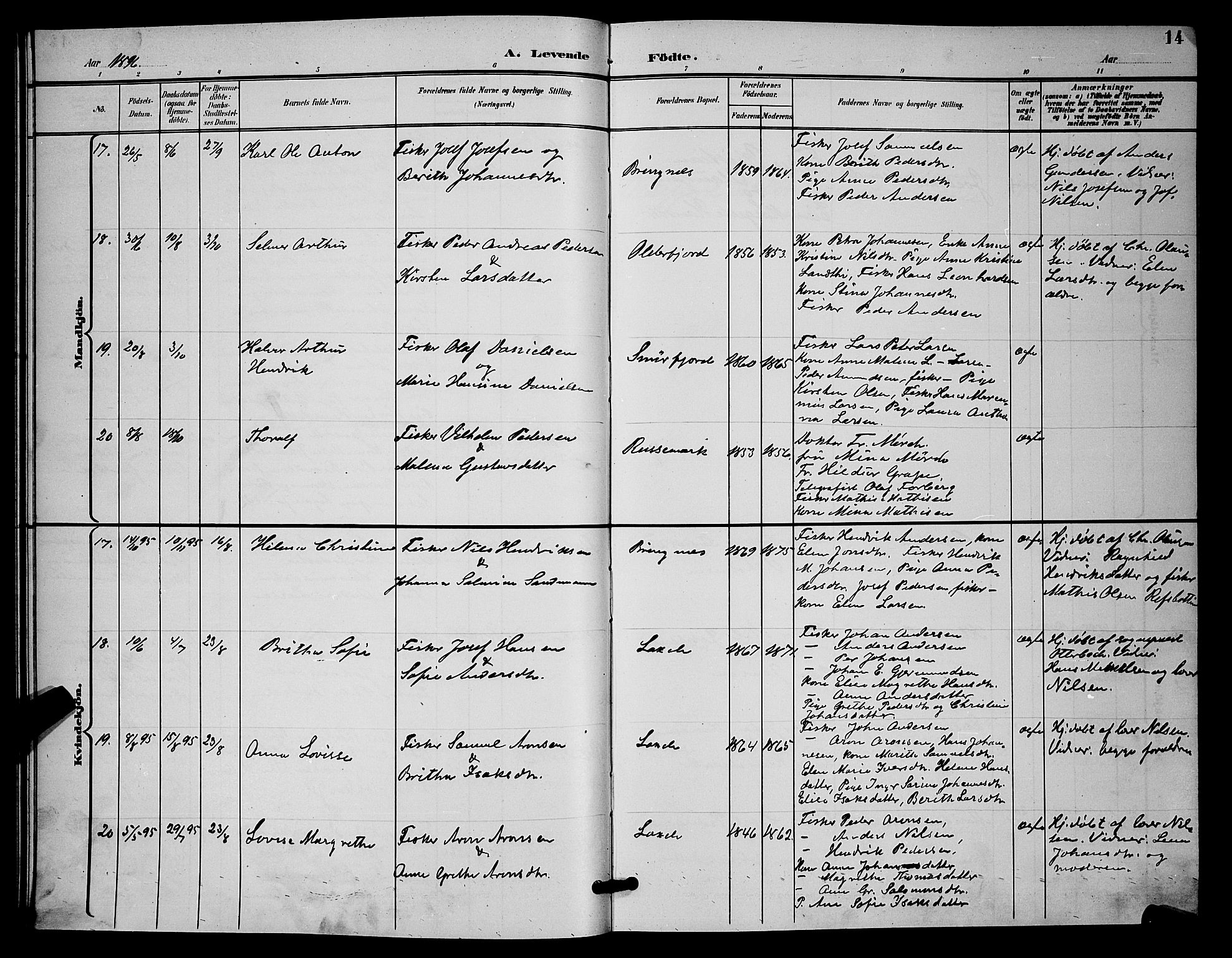 Kistrand/Porsanger sokneprestembete, SATØ/S-1351/H/Hb/L0005.klokk: Parish register (copy) no. 5, 1895-1904, p. 14