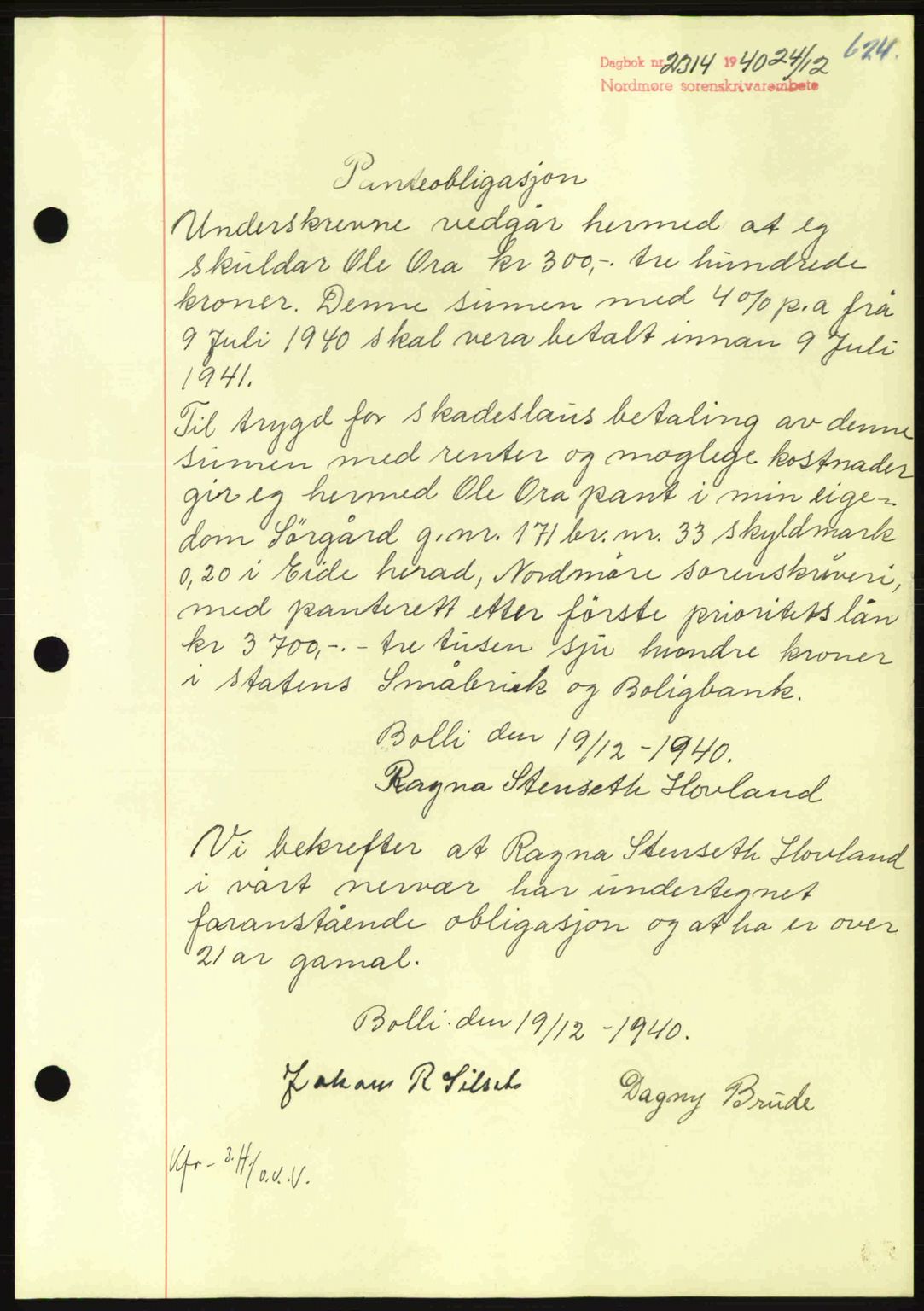 Nordmøre sorenskriveri, AV/SAT-A-4132/1/2/2Ca: Mortgage book no. B87, 1940-1941, Diary no: : 2314/1940