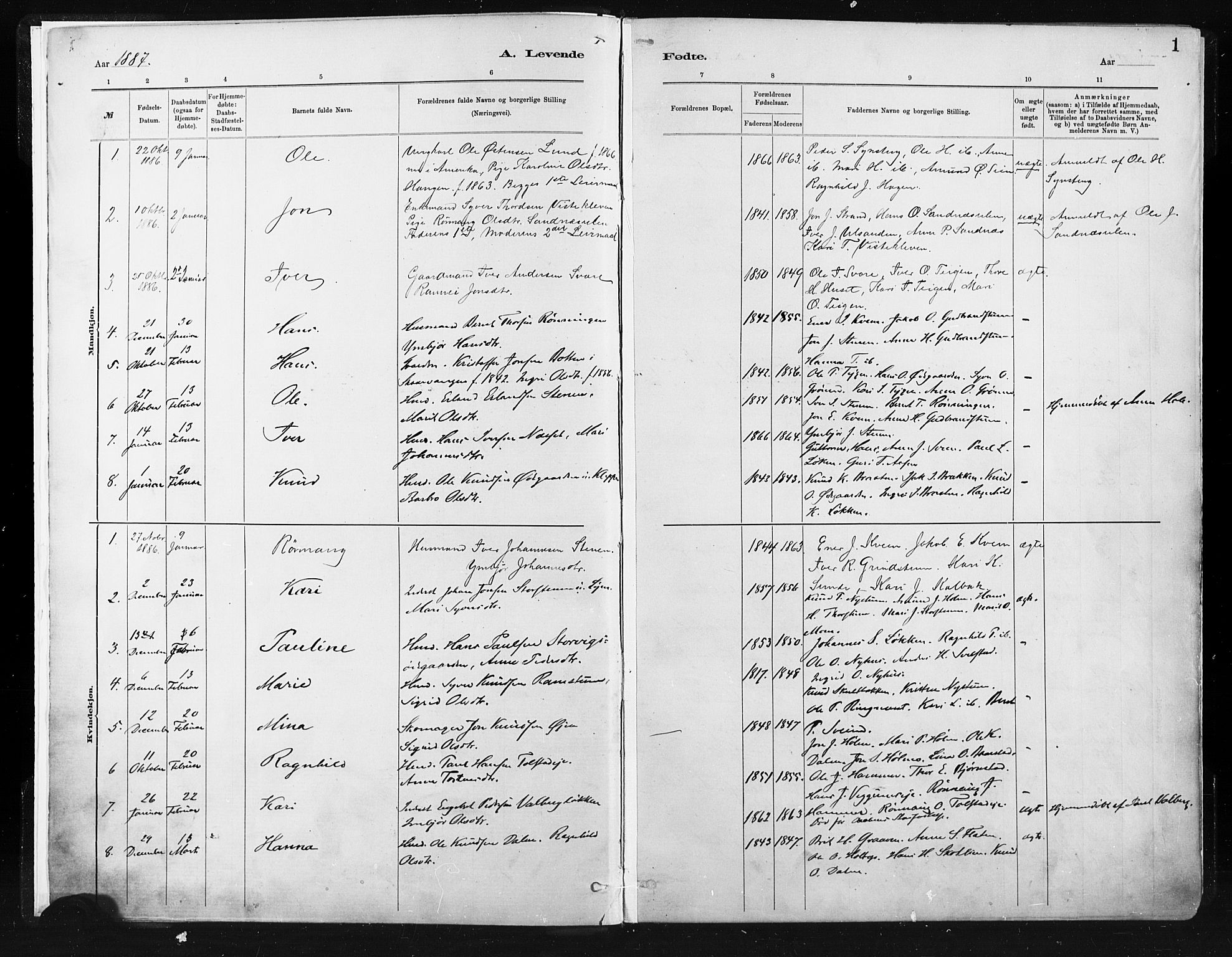 Vågå prestekontor, AV/SAH-PREST-076/H/Ha/Haa/L0009: Parish register (official) no. 9, 1886-1904, p. 1