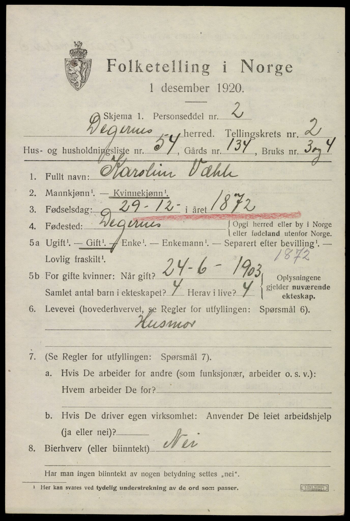 SAO, 1920 census for Degernes, 1920, p. 2080