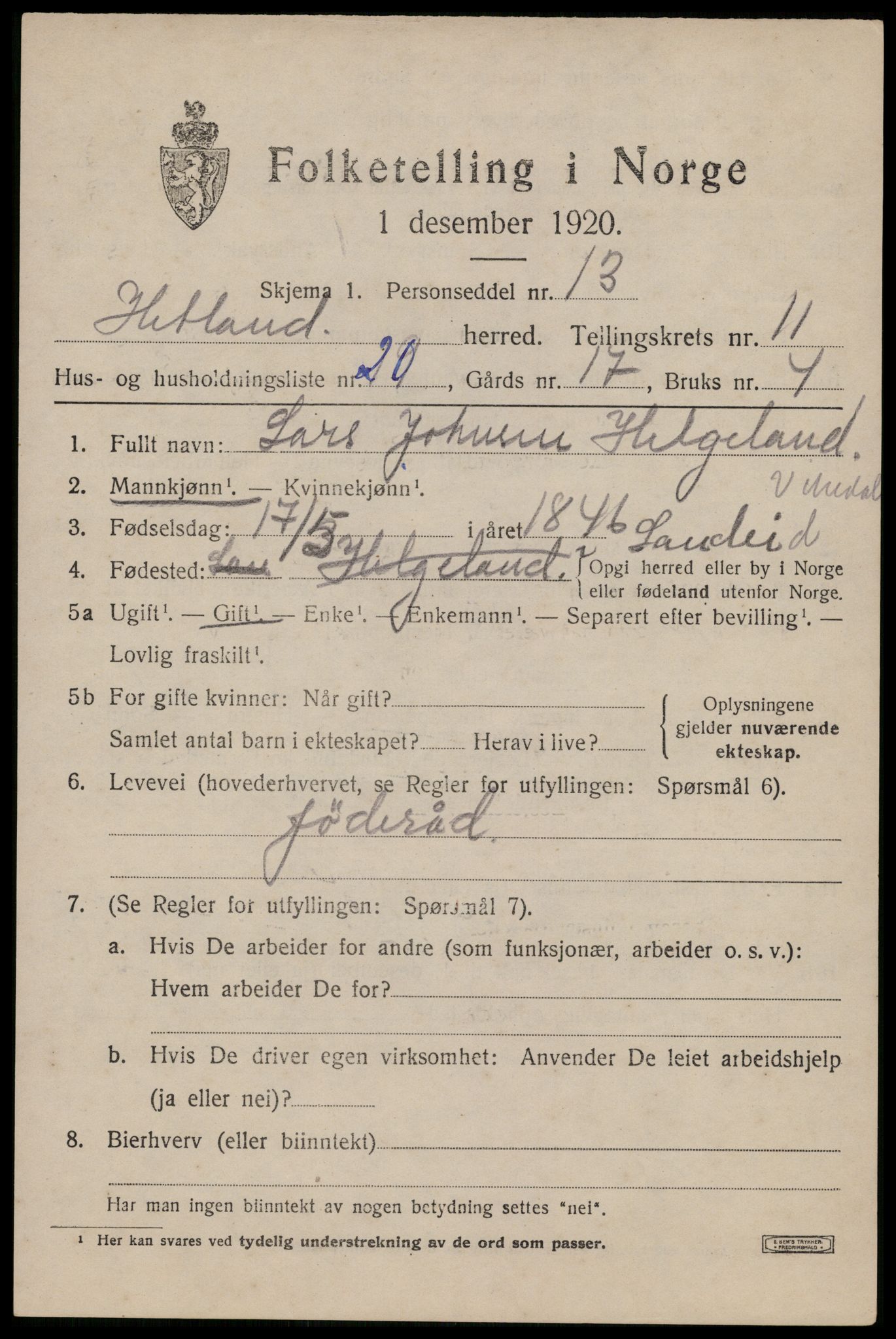 SAST, 1920 census for Hetland, 1920, p. 20275