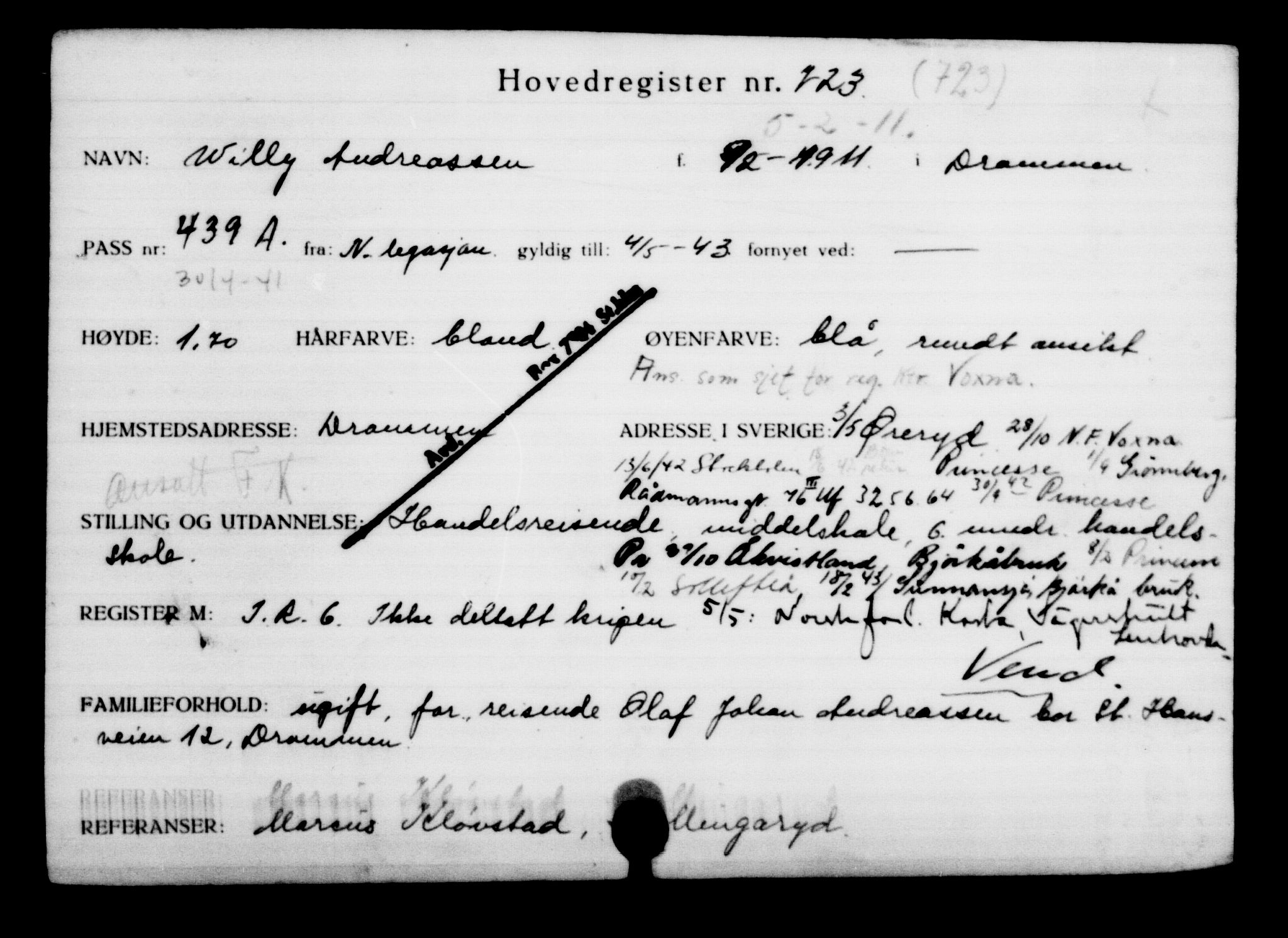 Utenriksstasjonene, Legasjonen i Stockholm, Flyktningkontoret, AV/RA-S-6753/V/Va/L0001: Kjesäterkartoteket, flyktninger med registreringsnr. 1-1000, 1940-1945, p. 1131