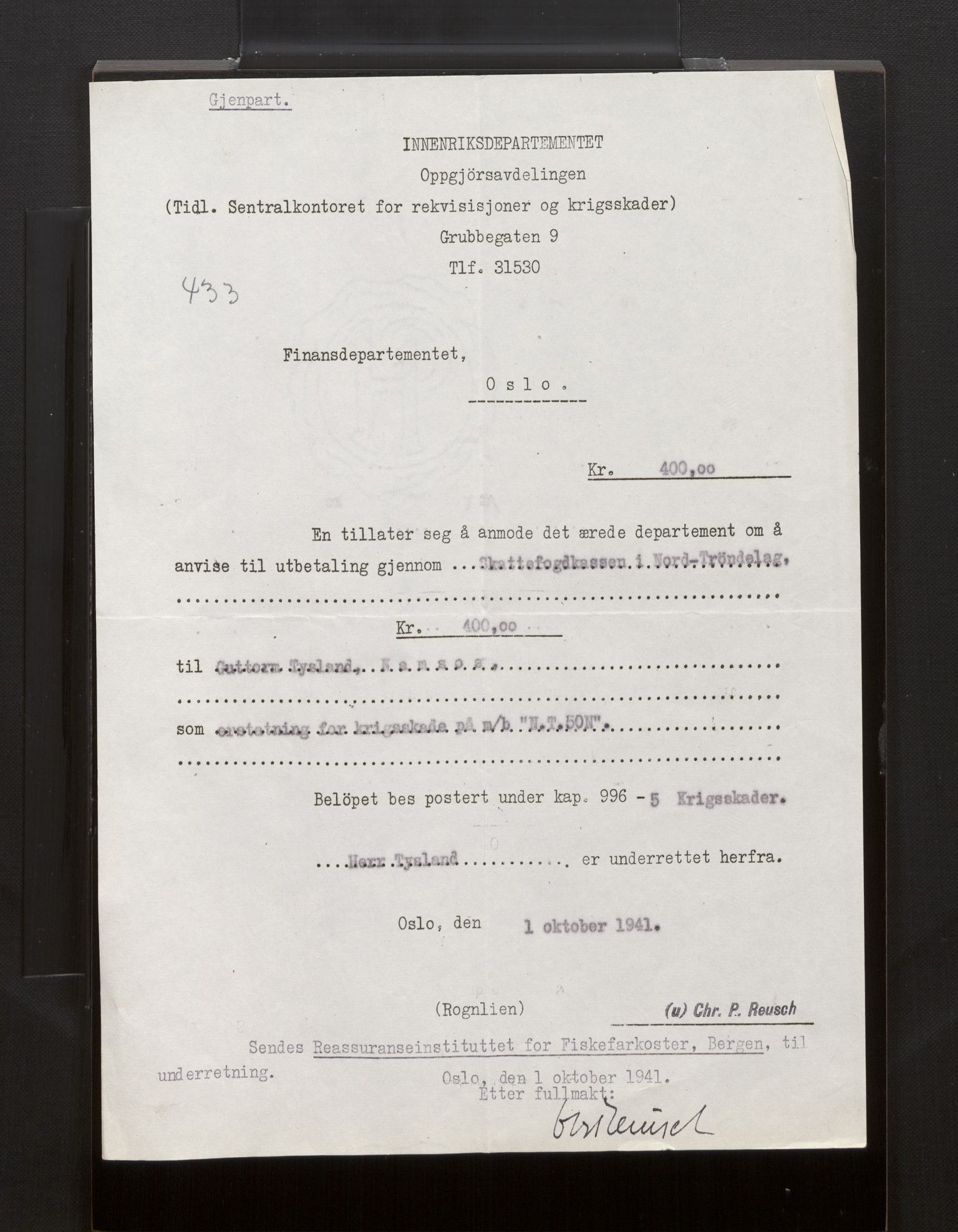 Fiskeridirektoratet - 1 Adm. ledelse - 13 Båtkontoret, AV/SAB-A-2003/La/L0008: Statens krigsforsikring for fiskeflåten, 1936-1971, p. 141