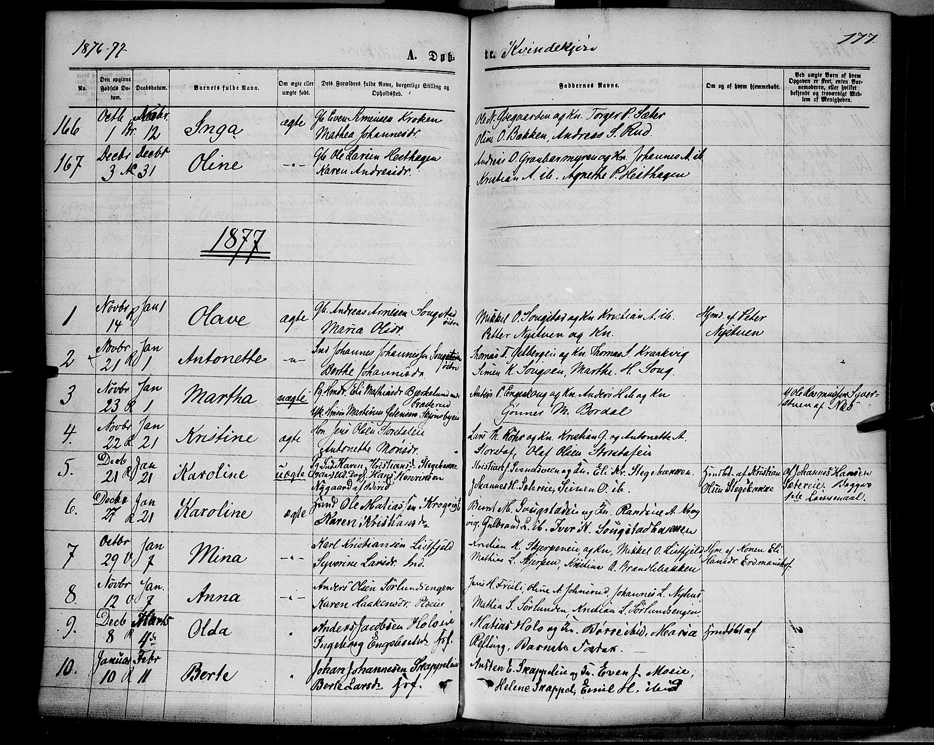 Ringsaker prestekontor, AV/SAH-PREST-014/K/Ka/L0011: Parish register (official) no. 11, 1870-1878, p. 177