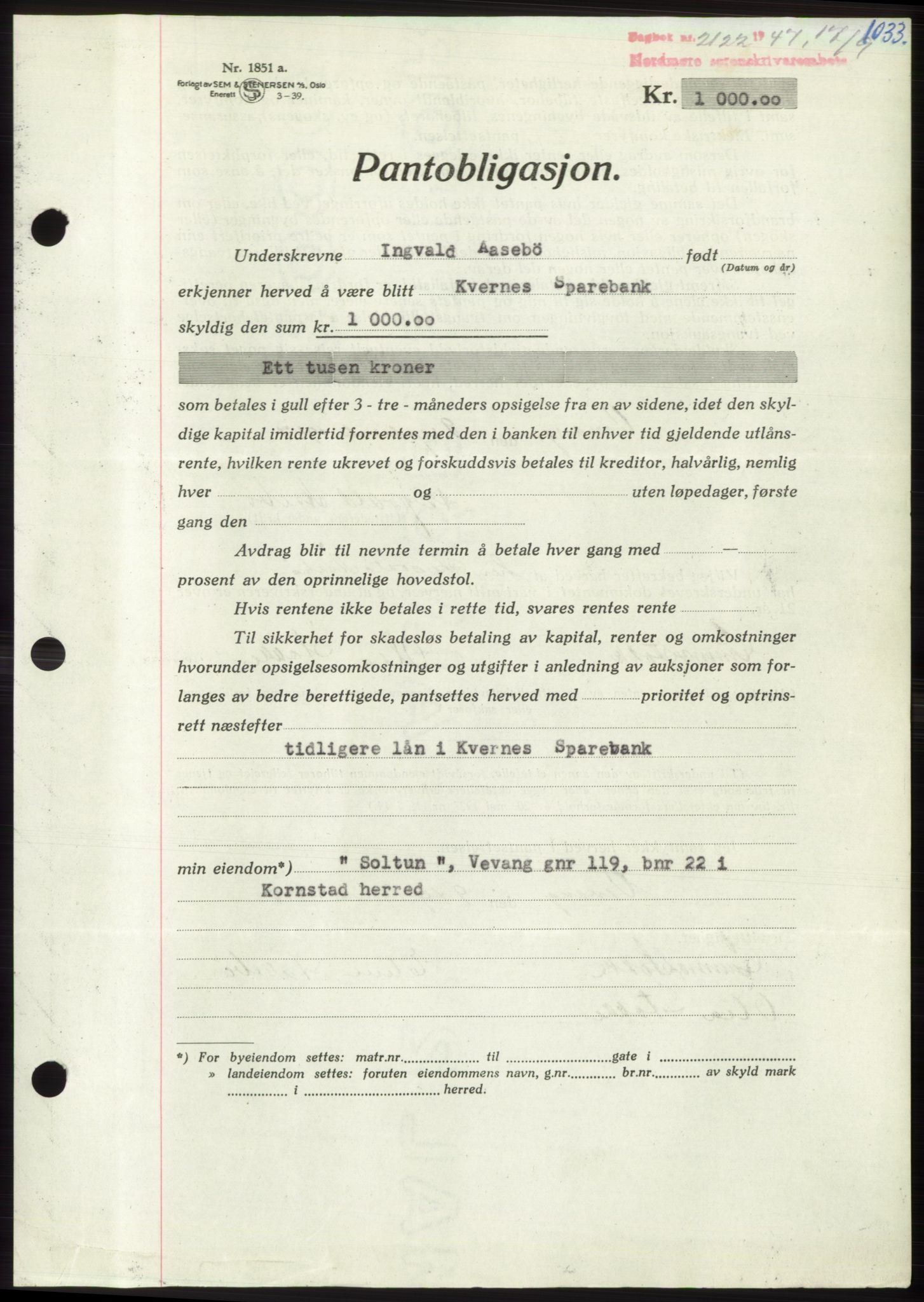 Nordmøre sorenskriveri, AV/SAT-A-4132/1/2/2Ca: Mortgage book no. B96, 1947-1947, Diary no: : 2122/1947