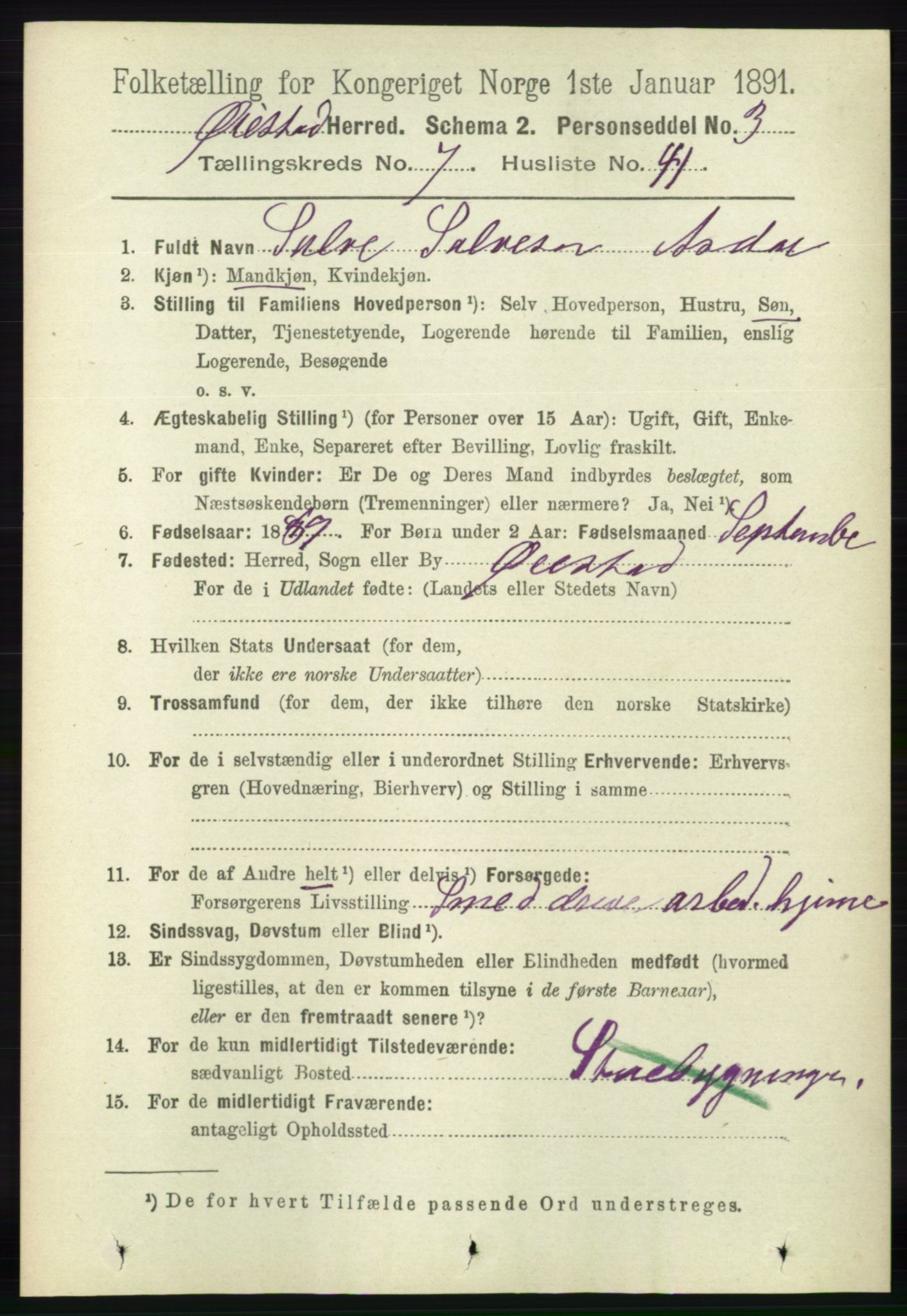 RA, 1891 census for 0920 Øyestad, 1891, p. 2893