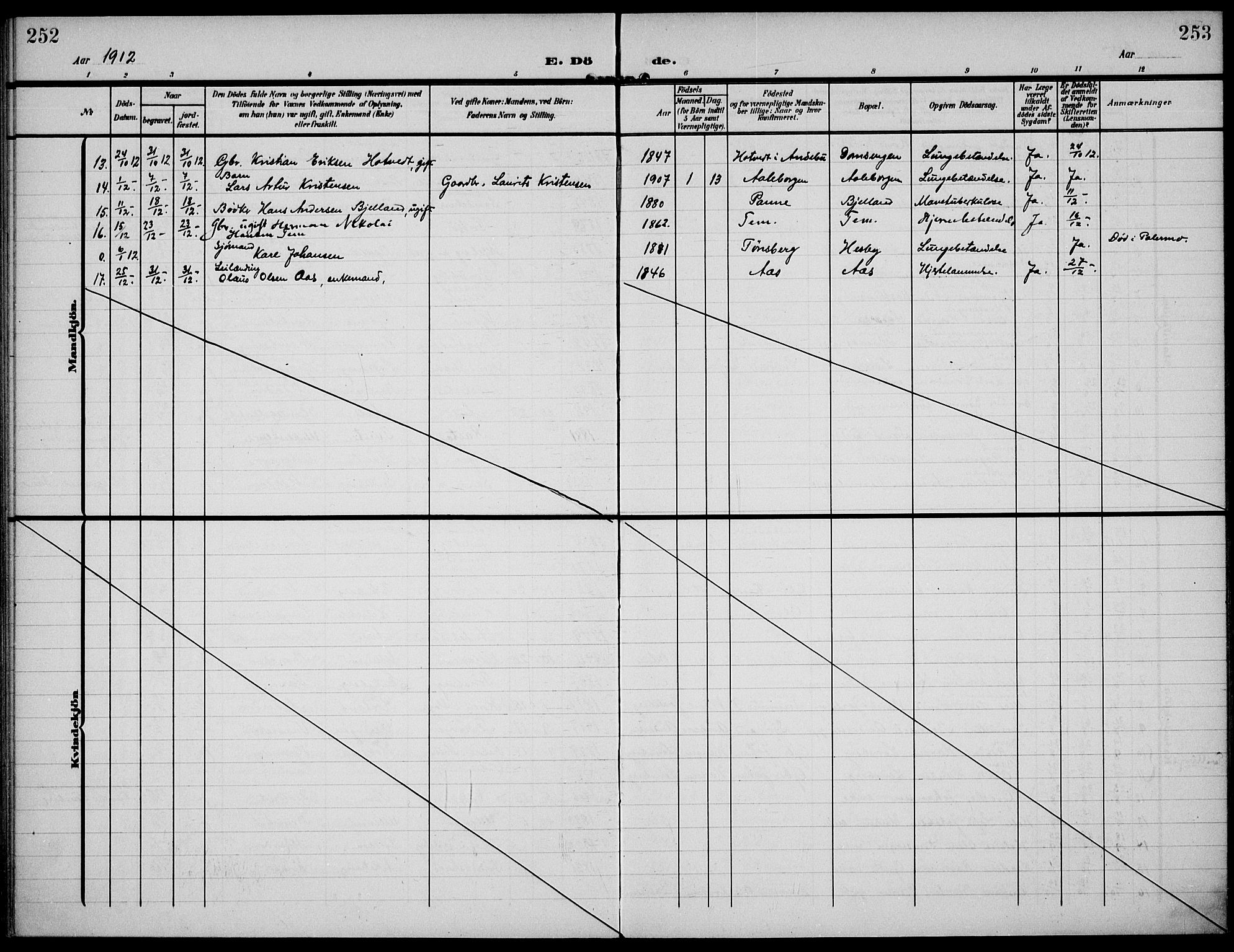 Sem kirkebøker, AV/SAKO-A-5/F/Fa/L0012: Parish register (official) no. I 12, 1905-1915, p. 252-253