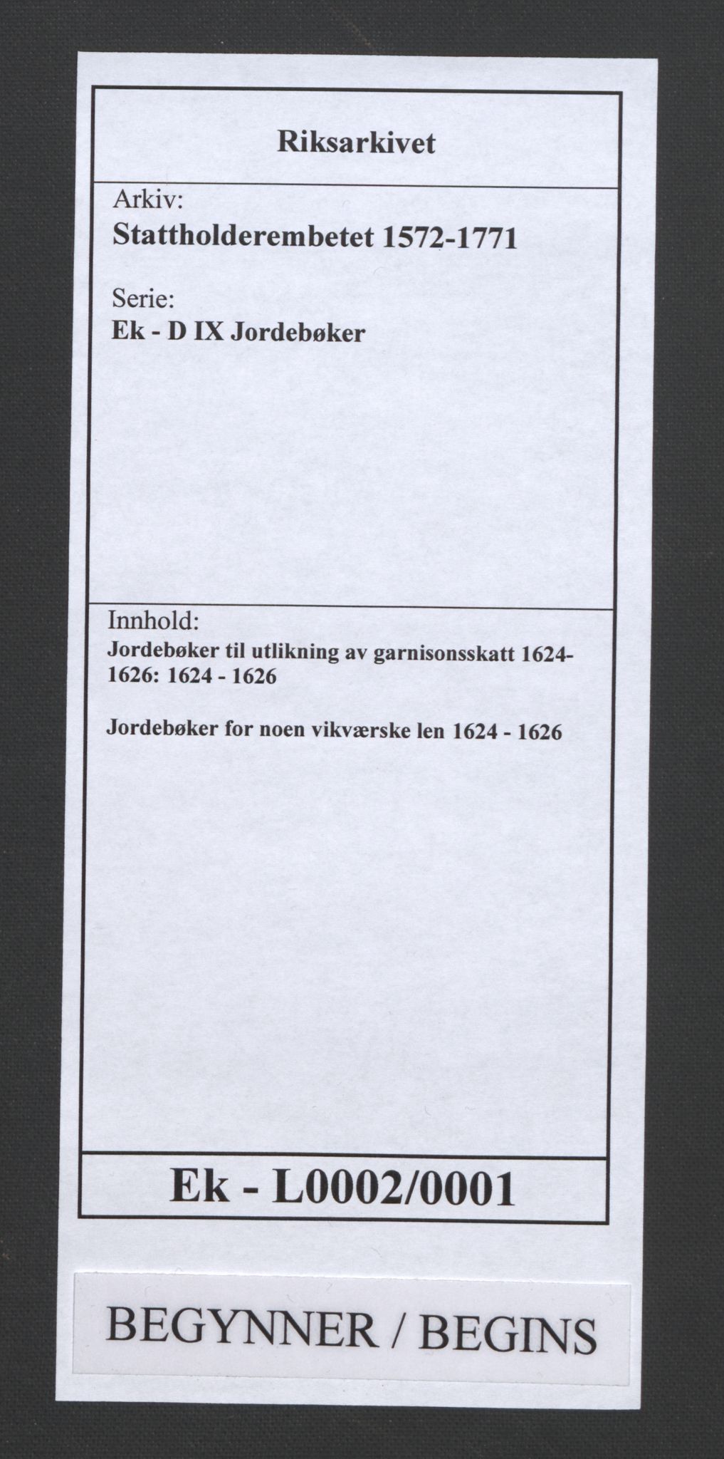 Stattholderembetet 1572-1771, RA/EA-2870/Ek/L0002/0001: Jordebøker til utlikning av garnisonsskatt 1624-1626: / Jordebøker for noen vikværske len, 1624-1626, p. 1