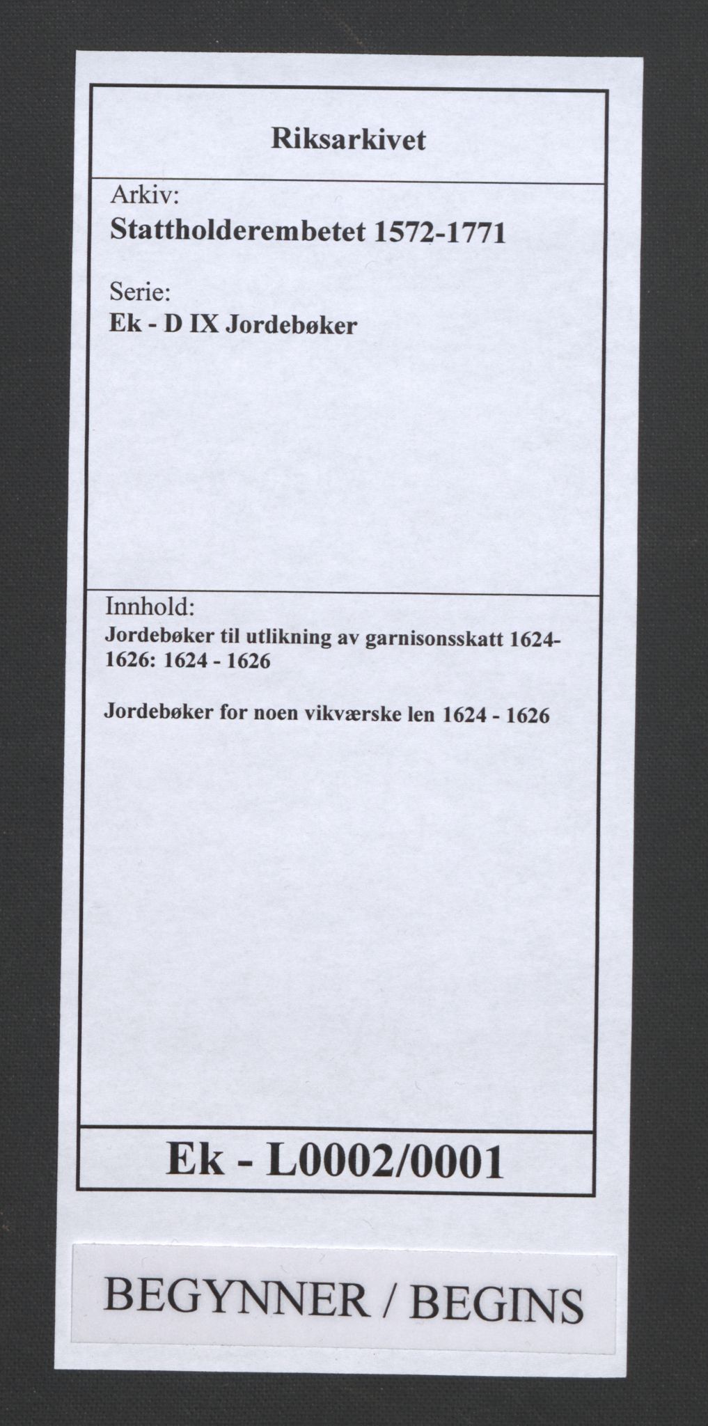 Stattholderembetet 1572-1771, AV/RA-EA-2870/Ek/L0002/0001: Jordebøker til utlikning av garnisonsskatt 1624-1626: / Jordebøker for noen vikværske len, 1624-1626, p. 1