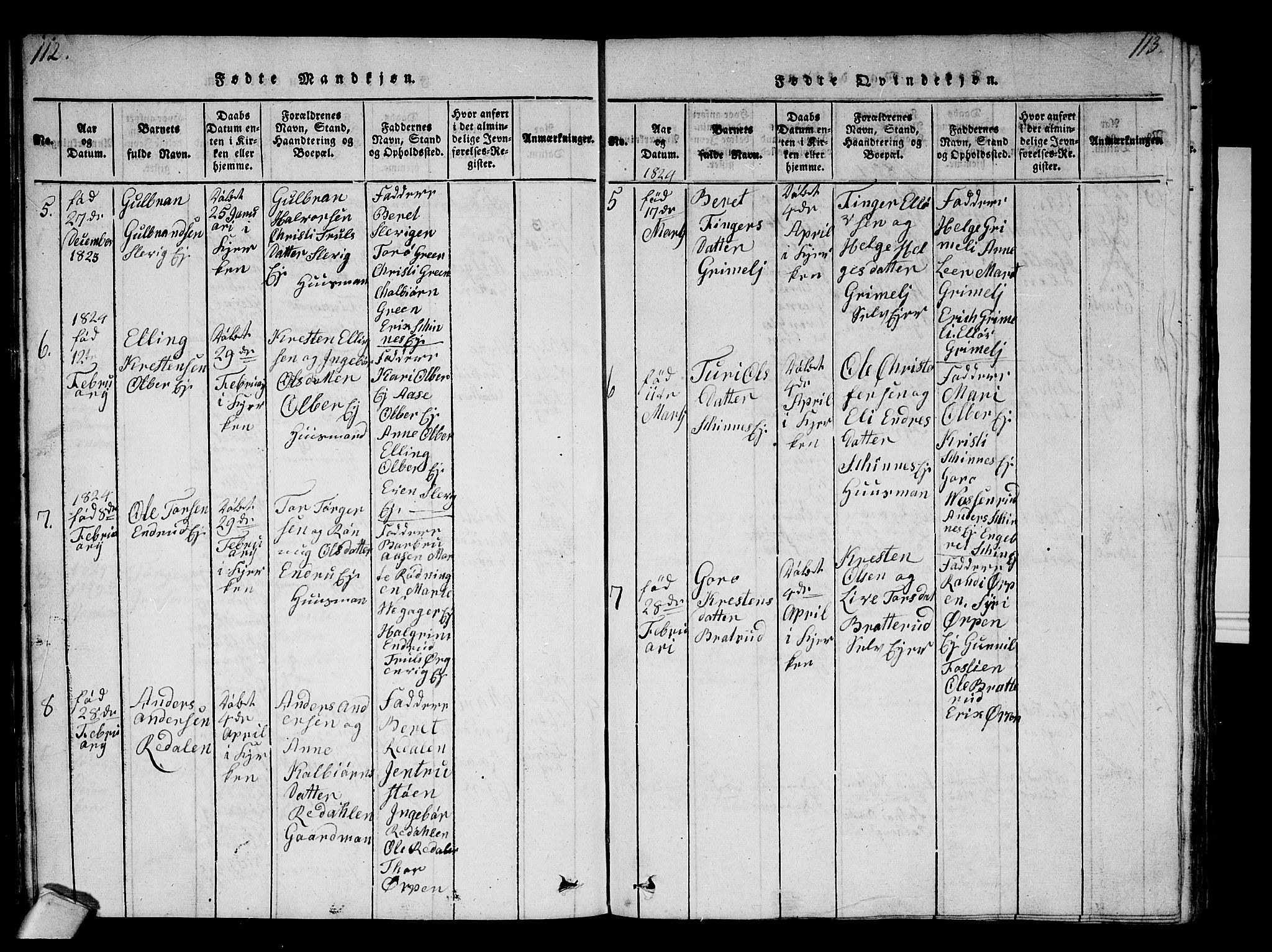 Krødsherad kirkebøker, AV/SAKO-A-19/F/Fa/L0001: Parish register (official) no. 1, 1815-1829, p. 112-113