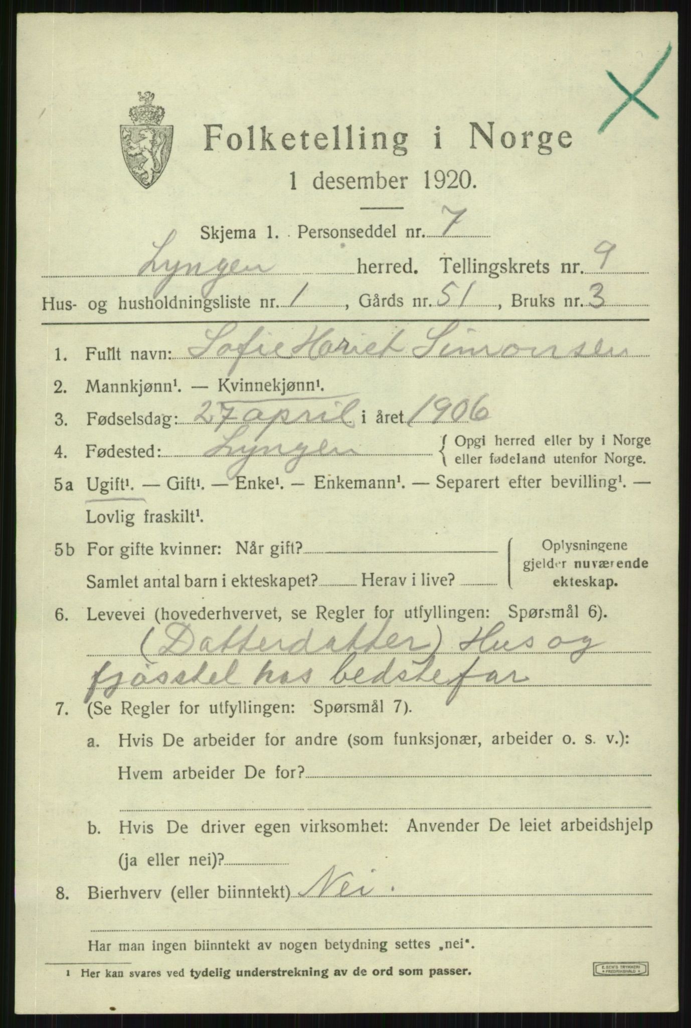 SATØ, 1920 census for Lyngen, 1920, p. 7565