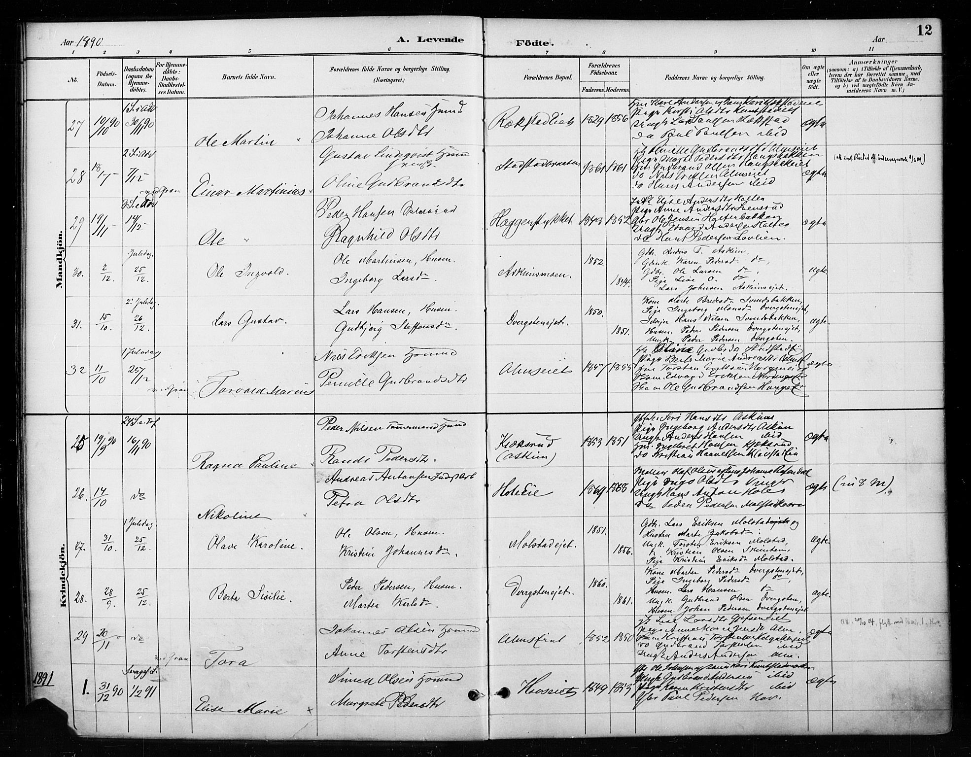 Gran prestekontor, SAH/PREST-112/H/Ha/Haa/L0018: Parish register (official) no. 18, 1889-1899, p. 12