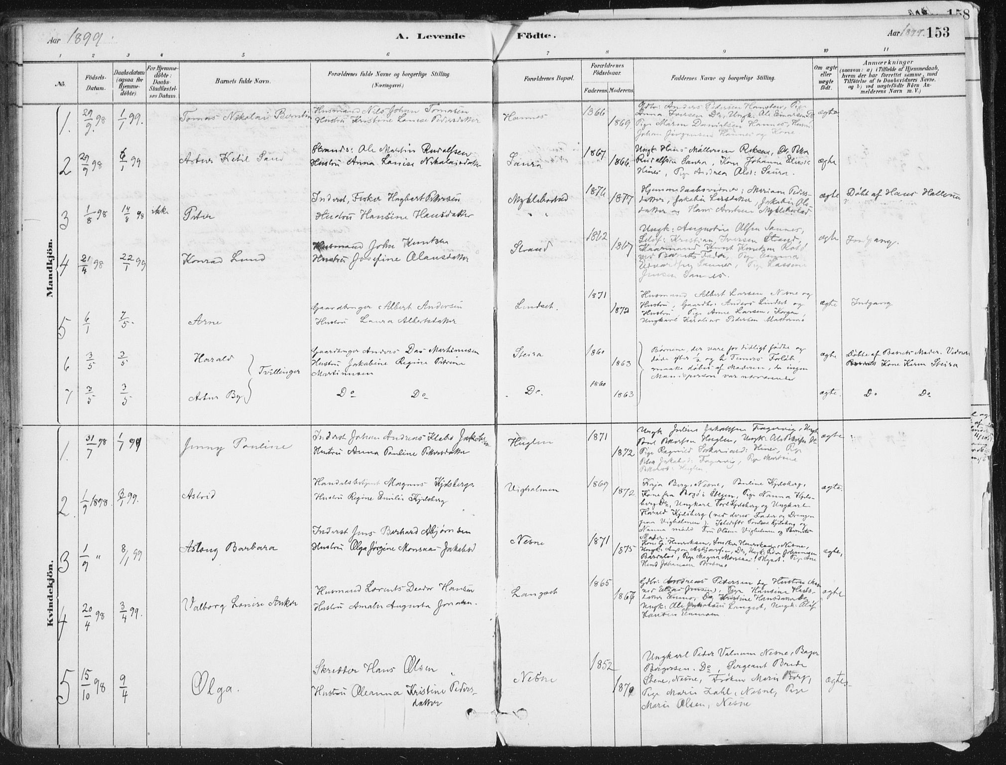 Ministerialprotokoller, klokkerbøker og fødselsregistre - Nordland, AV/SAT-A-1459/838/L0552: Parish register (official) no. 838A10, 1880-1910, p. 153