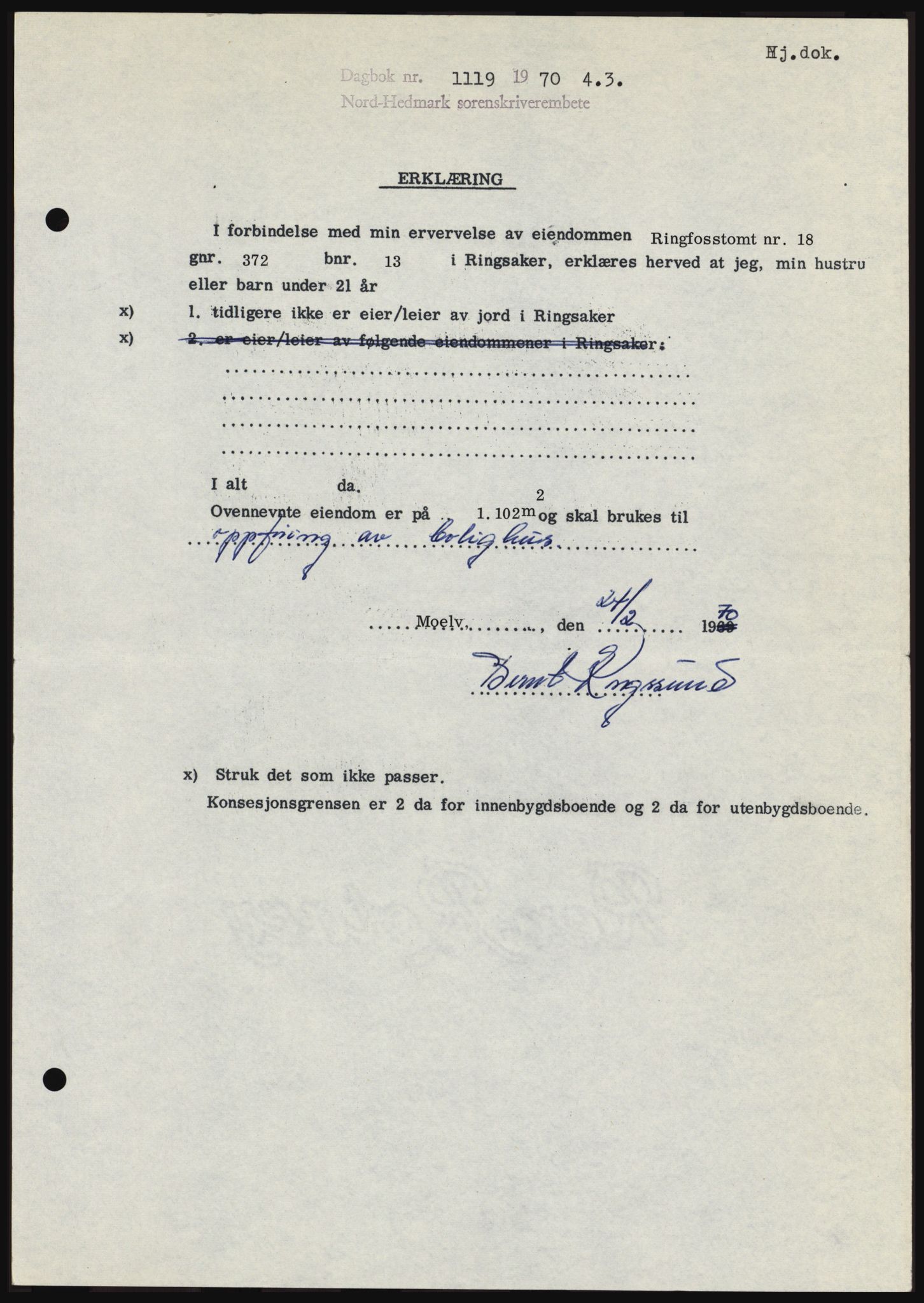 Nord-Hedmark sorenskriveri, SAH/TING-012/H/Hc/L0033: Mortgage book no. 33, 1970-1970, Diary no: : 1119/1970
