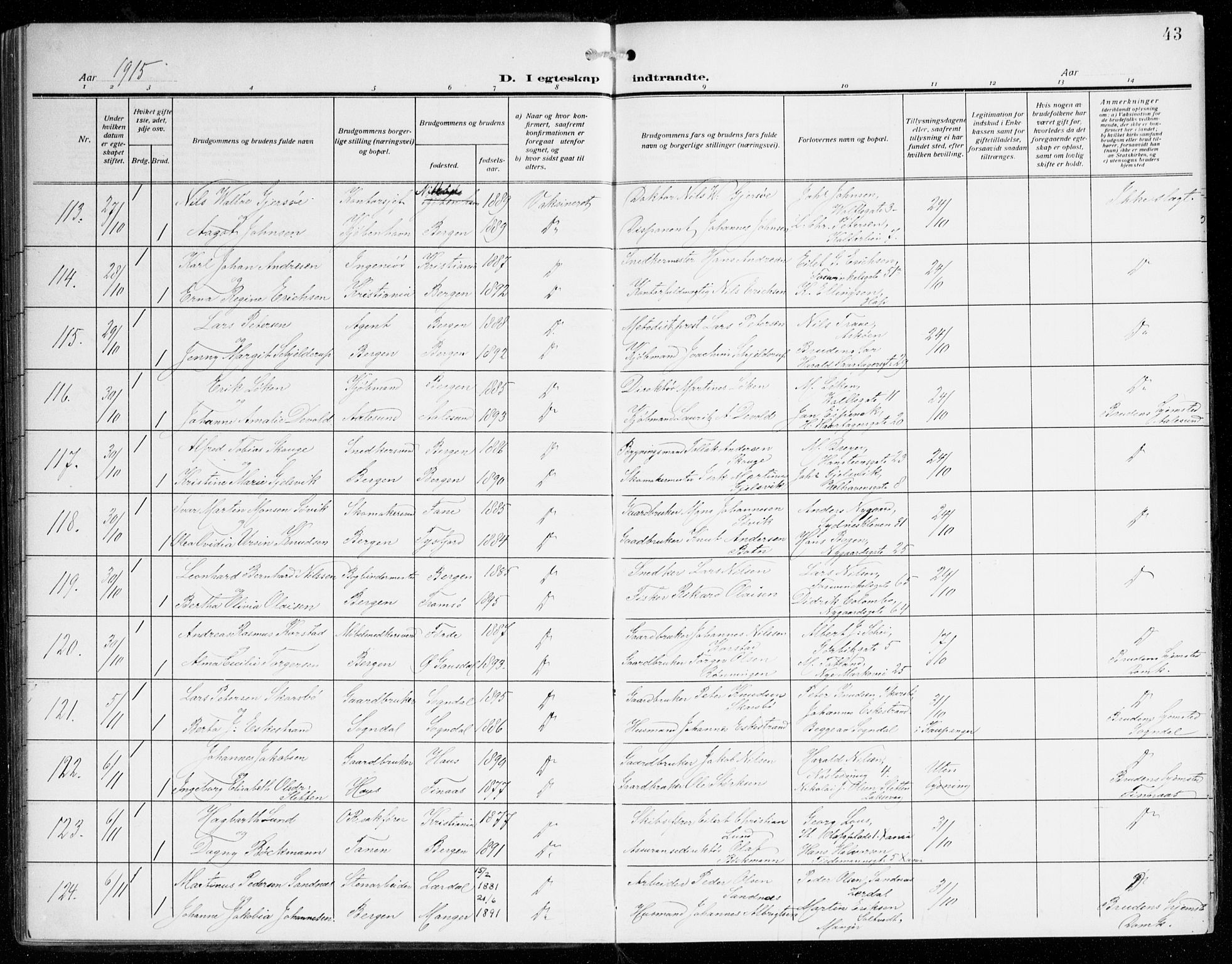 Johanneskirken sokneprestembete, AV/SAB-A-76001/H/Haa/L0013: Parish register (official) no. D 2, 1912-1929, p. 43