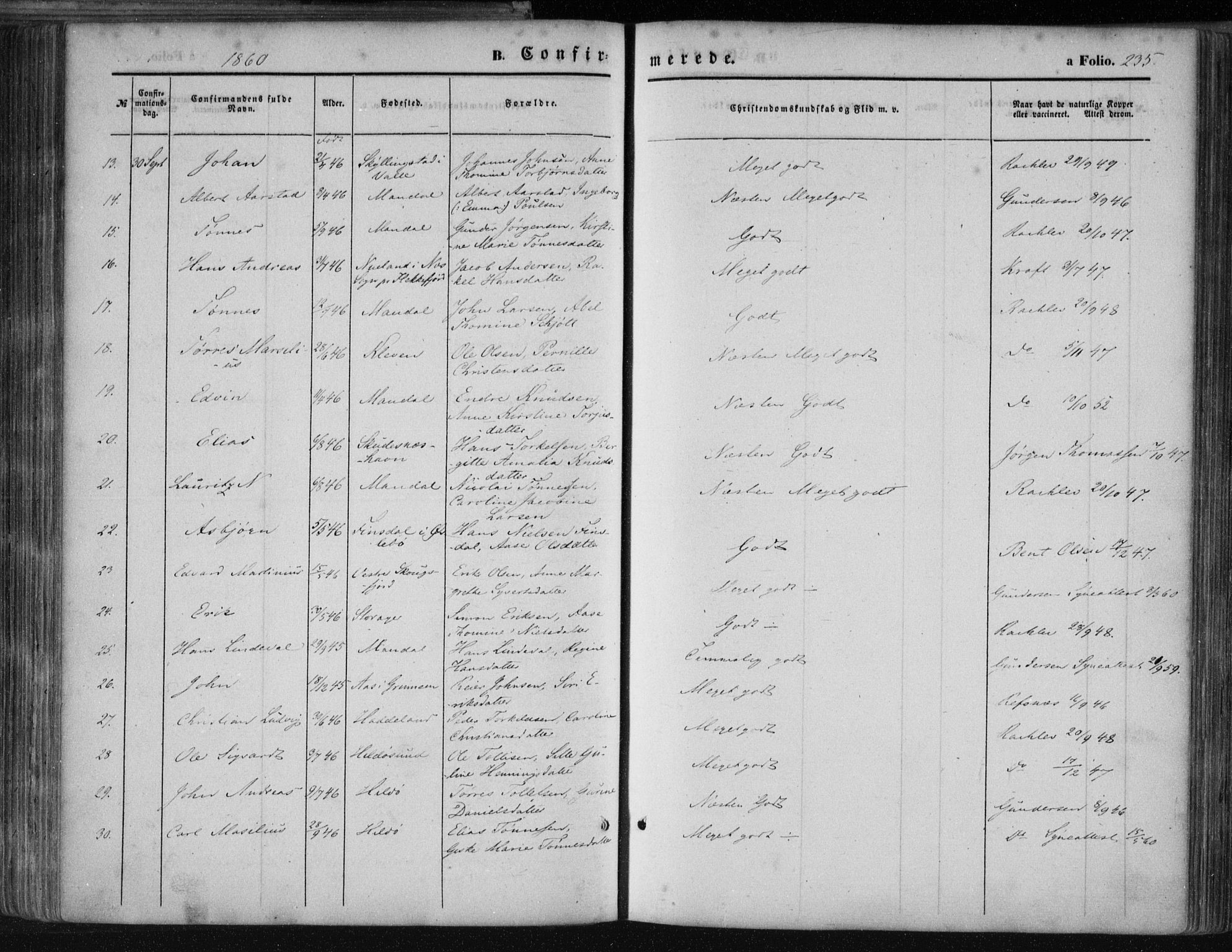 Mandal sokneprestkontor, AV/SAK-1111-0030/F/Fa/Faa/L0014: Parish register (official) no. A 14, 1859-1872, p. 235