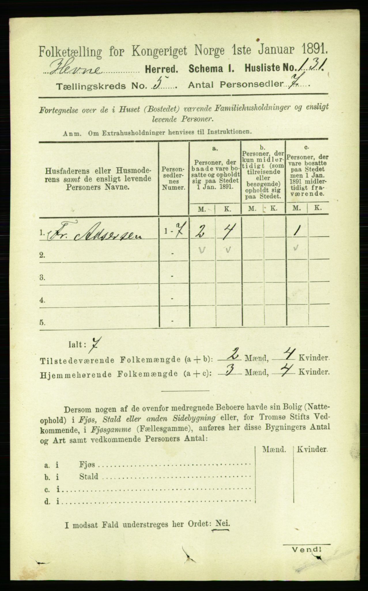 RA, 1891 census for 1612 Hemne, 1891, p. 2475