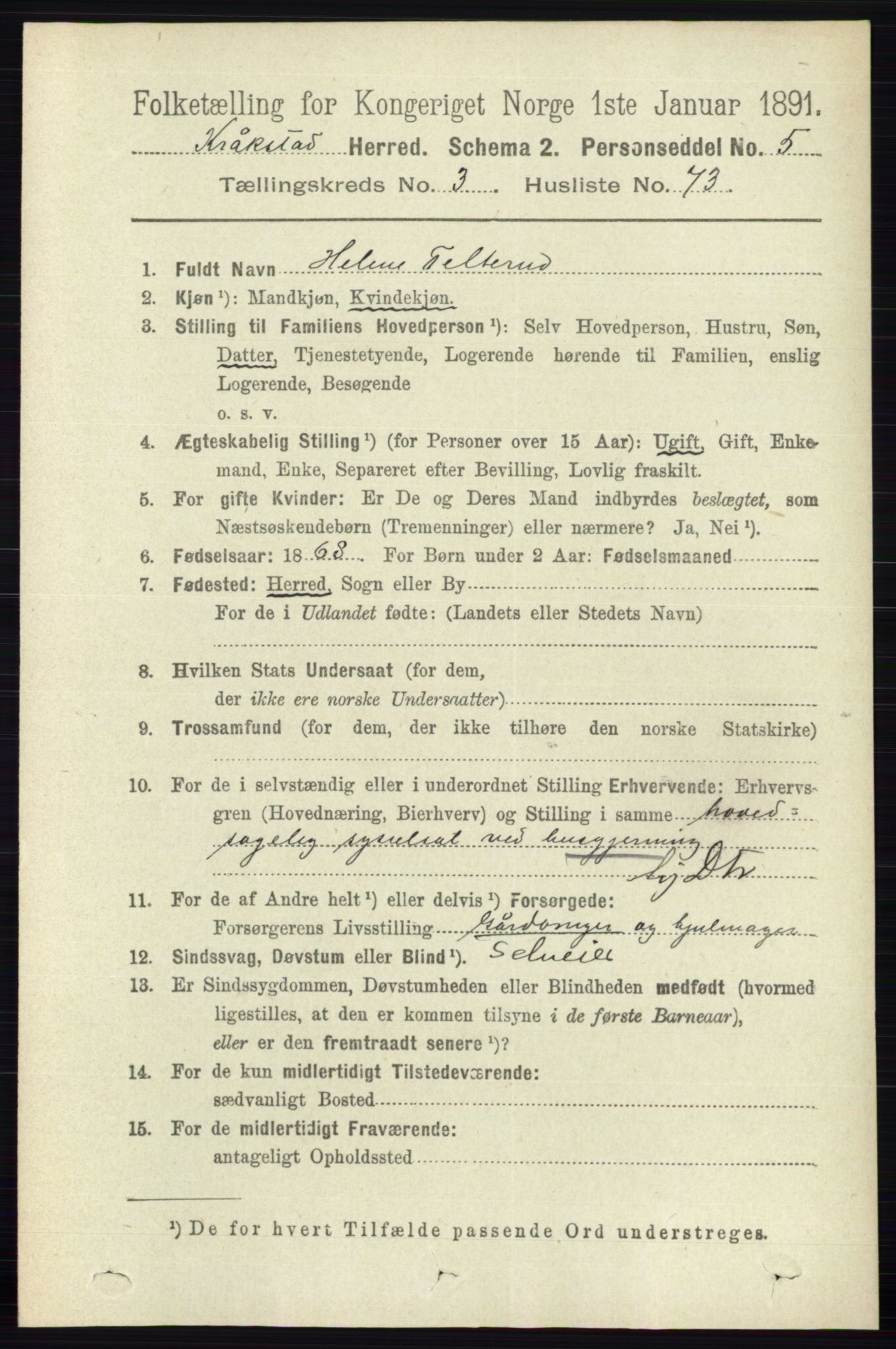 RA, 1891 census for 0212 Kråkstad, 1891, p. 1612