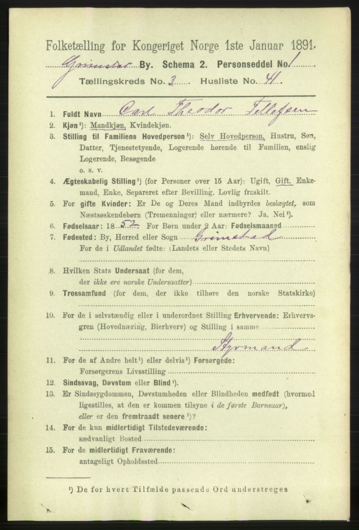 RA, 1891 census for 0904 Grimstad, 1891, p. 2339