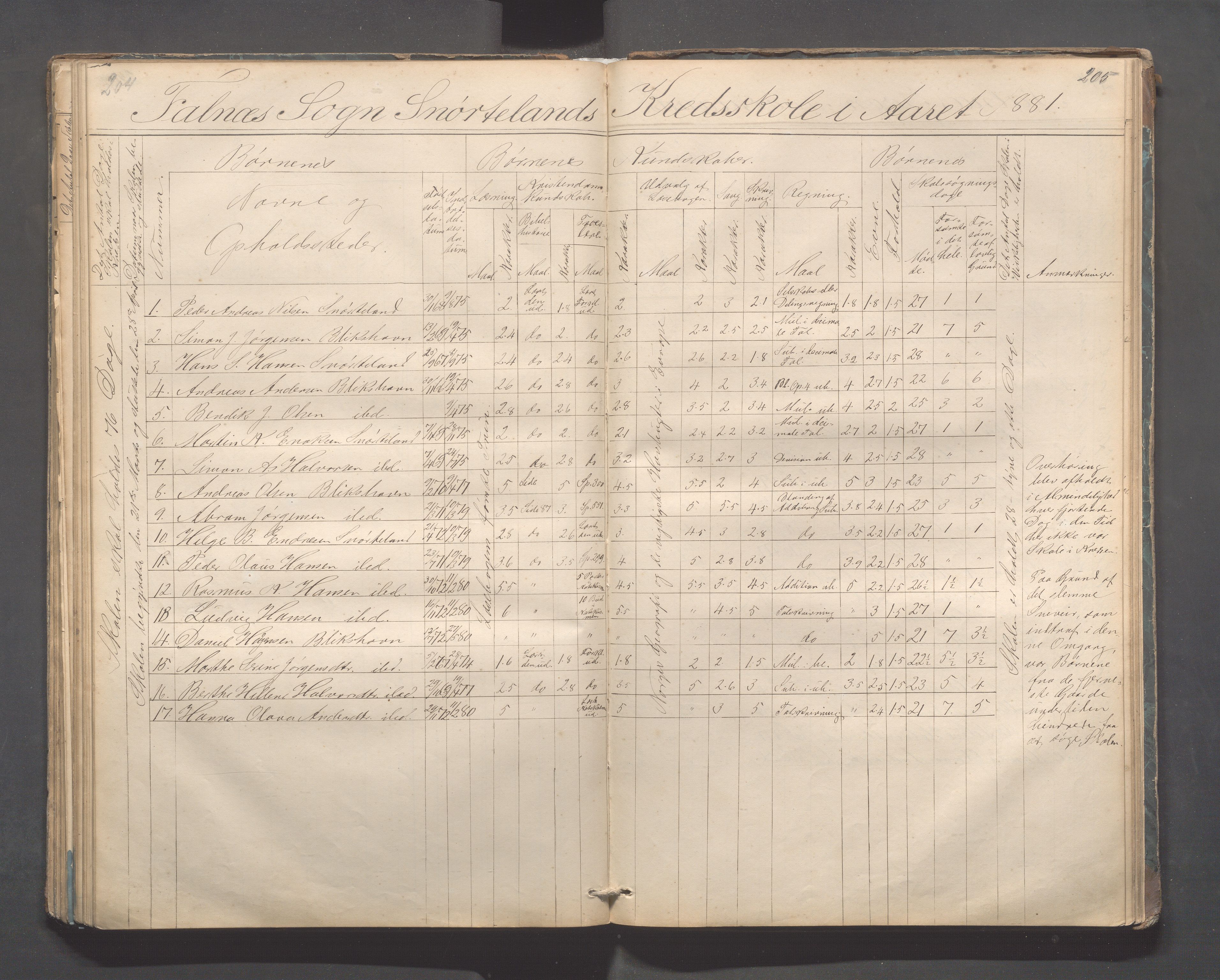 Skudenes kommune - Dale - Hillesland - Snørteland skolekretser, IKAR/A-306/H/L0002: Dale - Hillesland - Snørteland, 1869-1882, p. 204-205