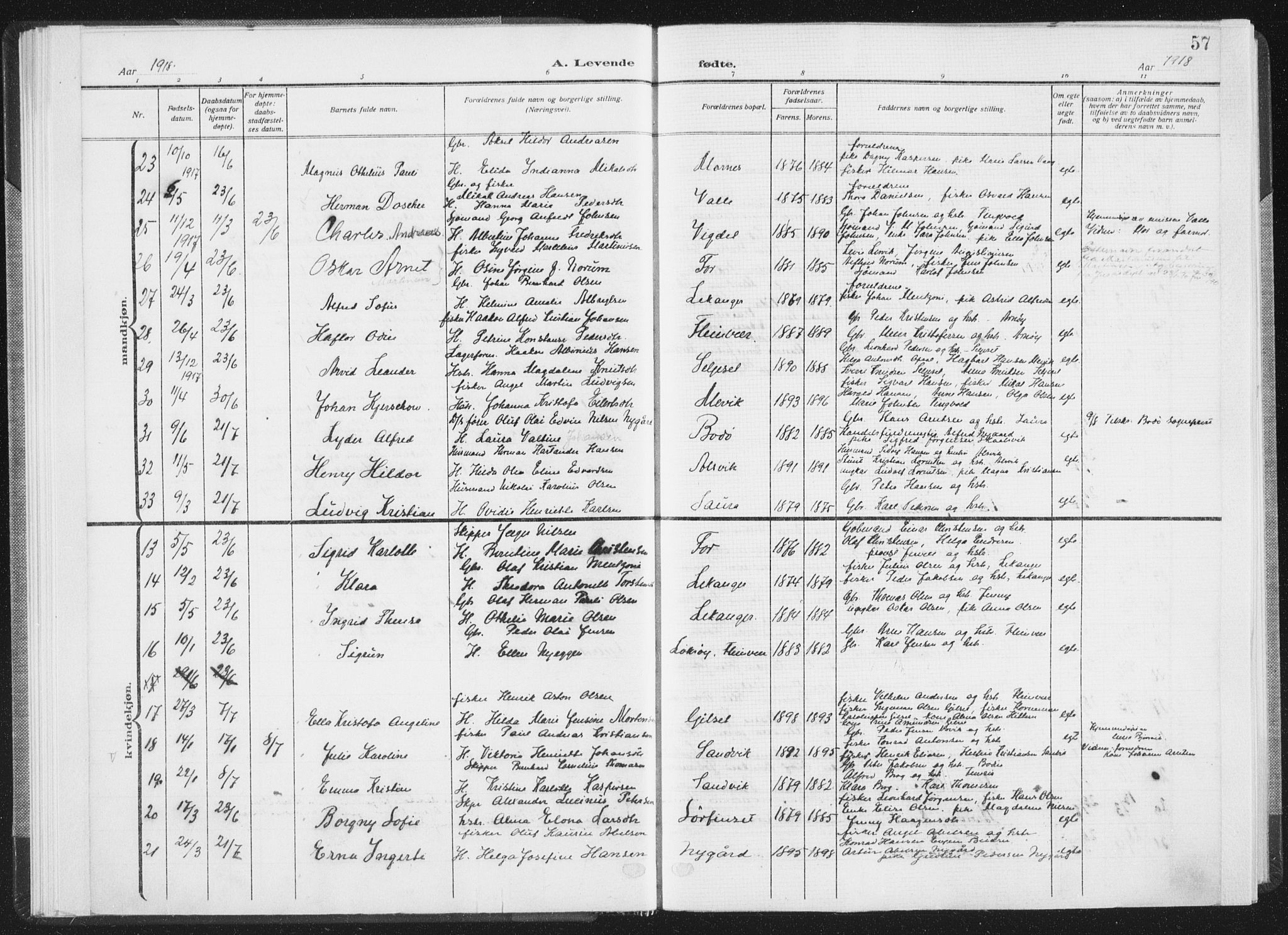 Ministerialprotokoller, klokkerbøker og fødselsregistre - Nordland, SAT/A-1459/805/L0104: Parish register (official) no. 805A09, 1909-1926, p. 57