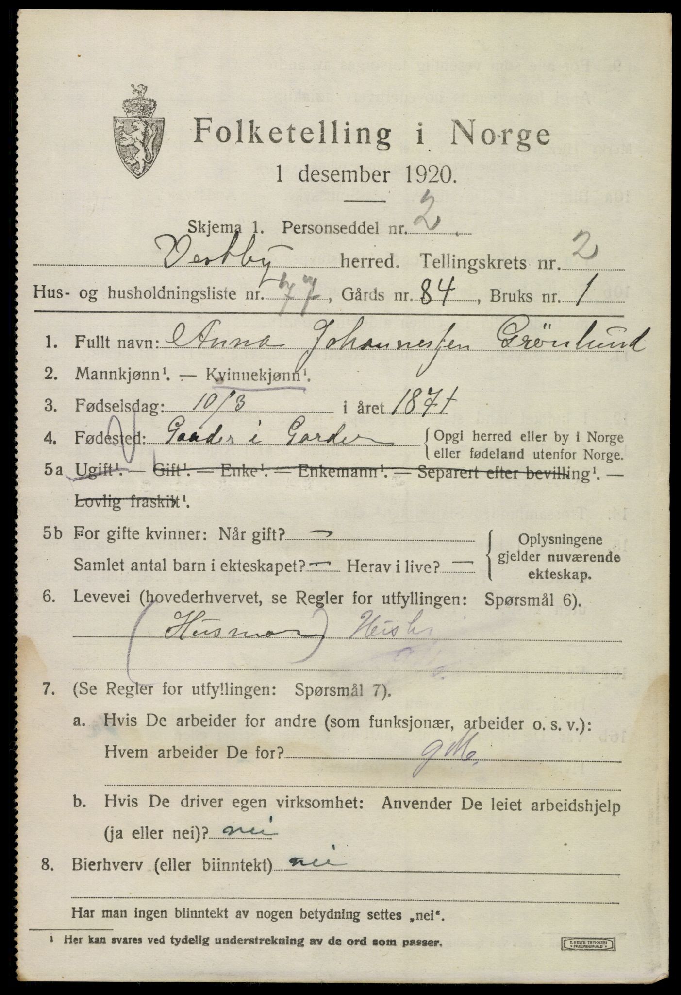 SAO, 1920 census for Vestby, 1920, p. 4465