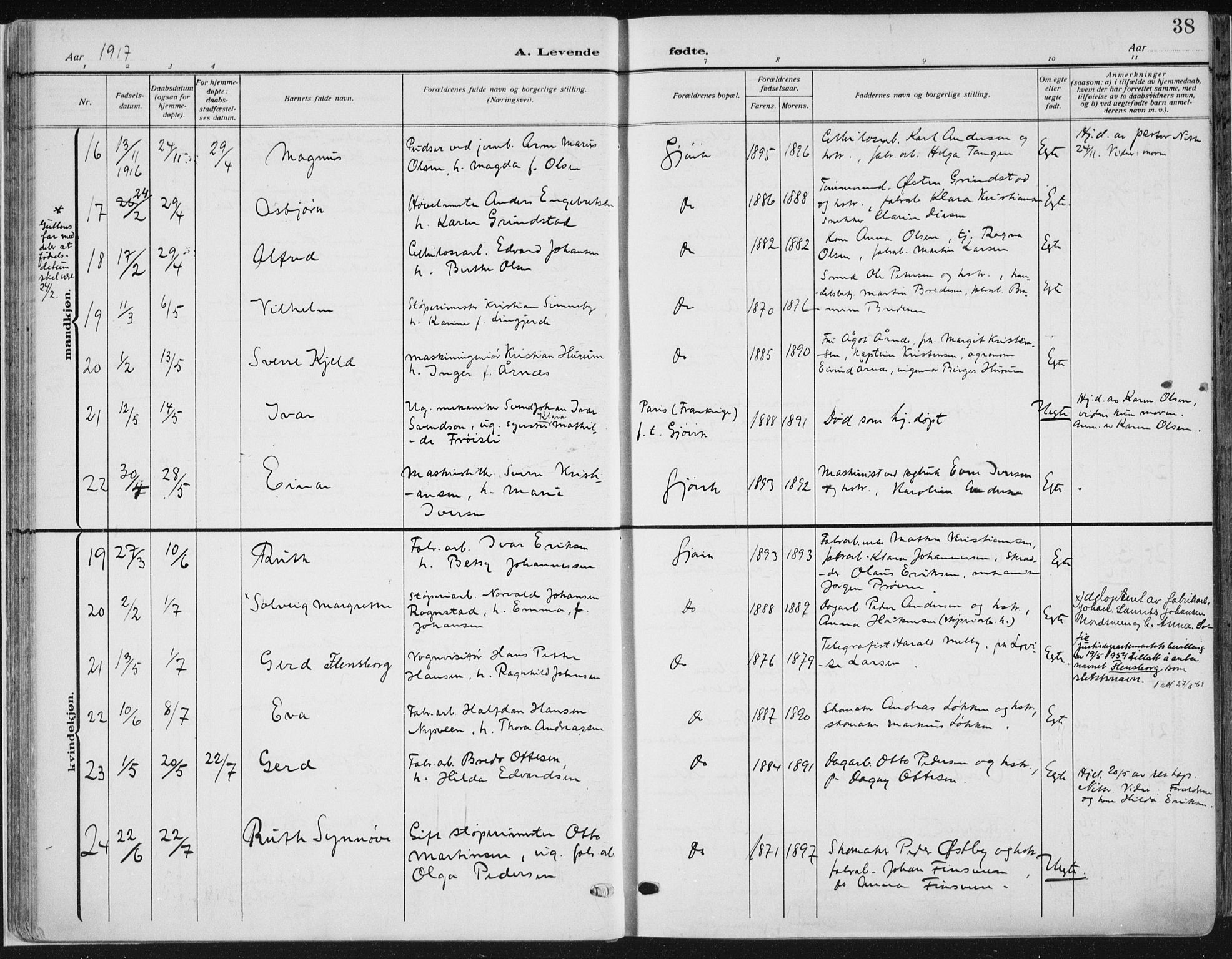 Vardal prestekontor, AV/SAH-PREST-100/H/Ha/Haa/L0014: Parish register (official) no. 14, 1912-1922, p. 38