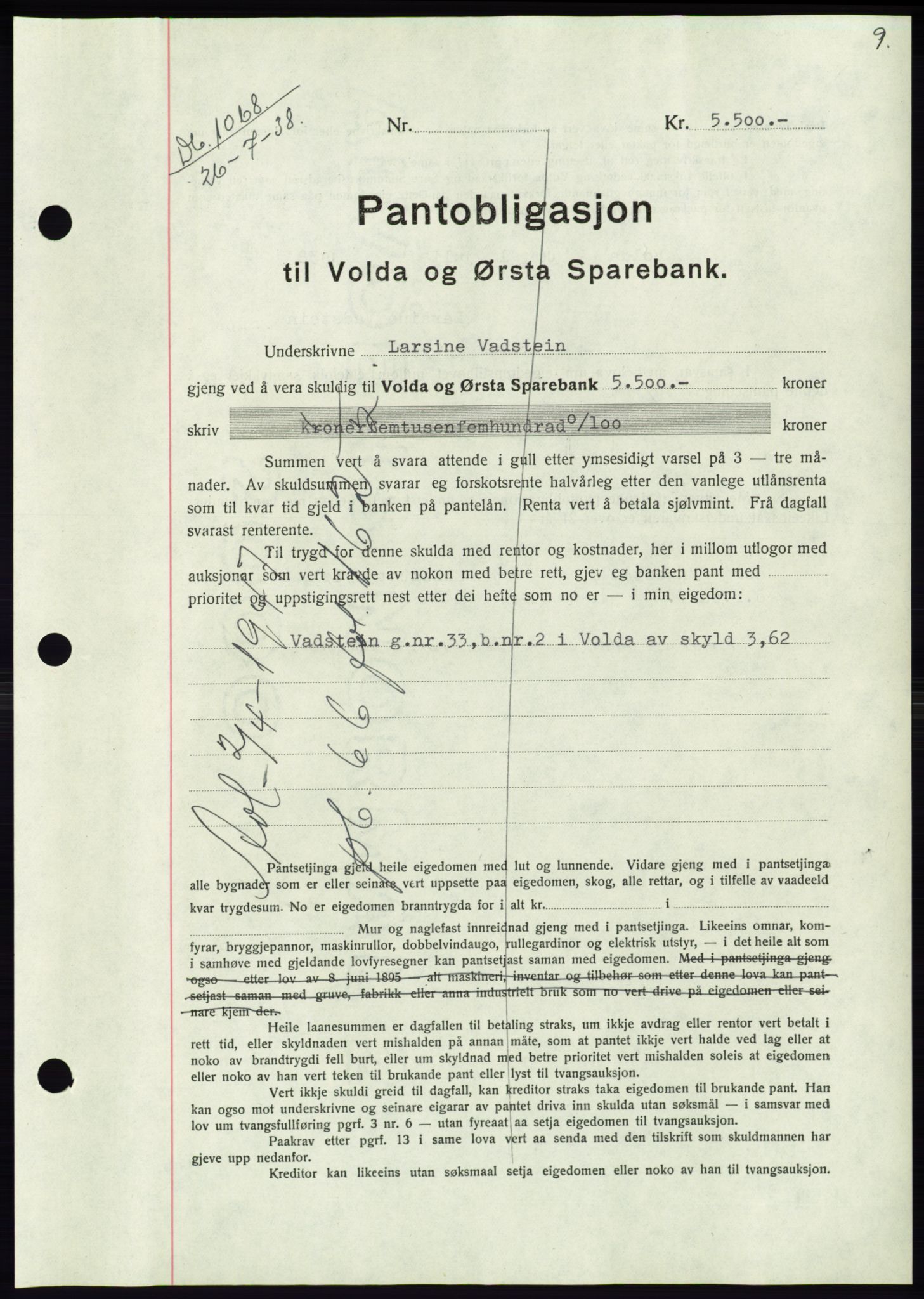 Søre Sunnmøre sorenskriveri, AV/SAT-A-4122/1/2/2C/L0066: Mortgage book no. 60, 1938-1938, Diary no: : 1068/1938