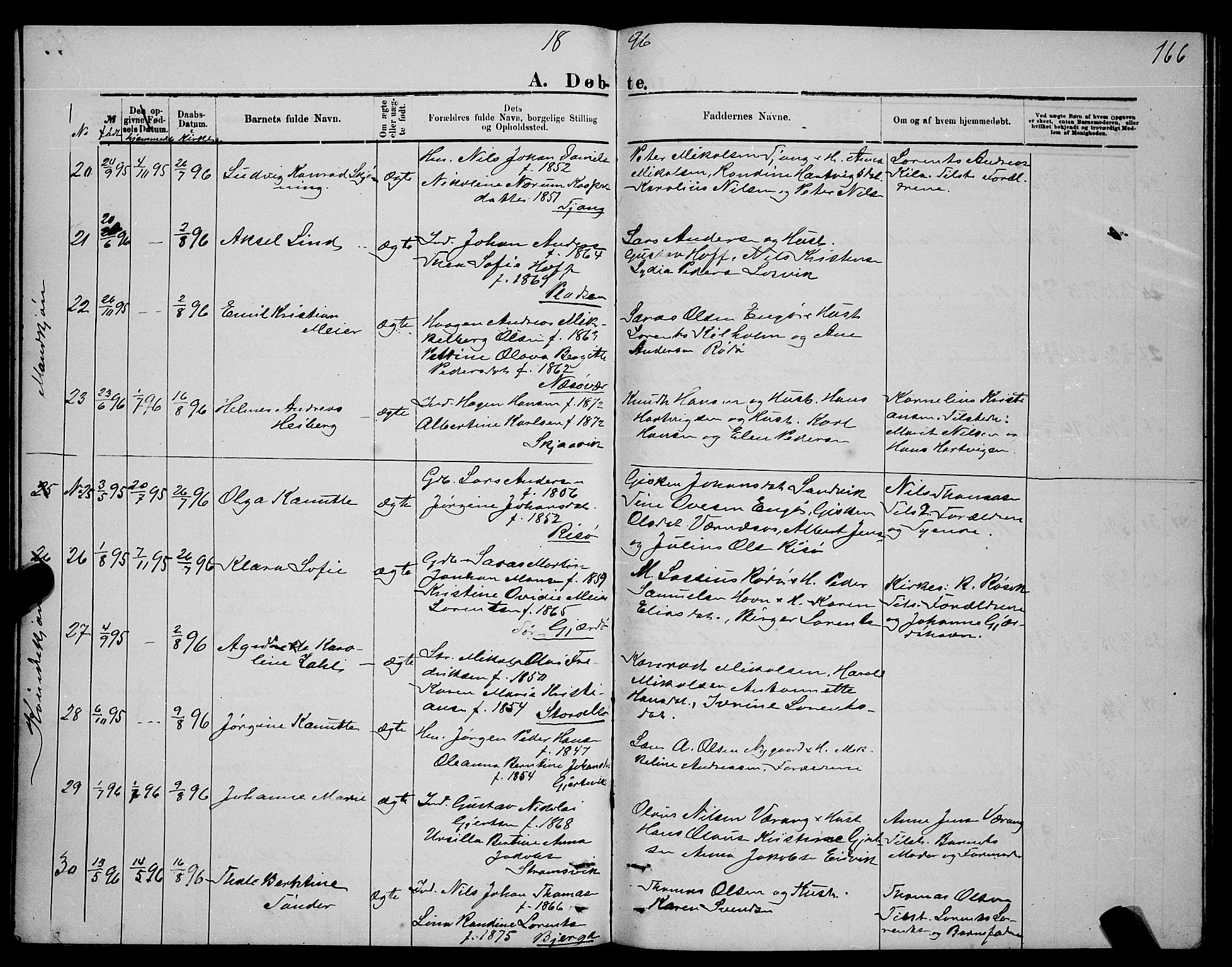 Ministerialprotokoller, klokkerbøker og fødselsregistre - Nordland, SAT/A-1459/841/L0620: Parish register (copy) no. 841C04, 1877-1896, p. 166